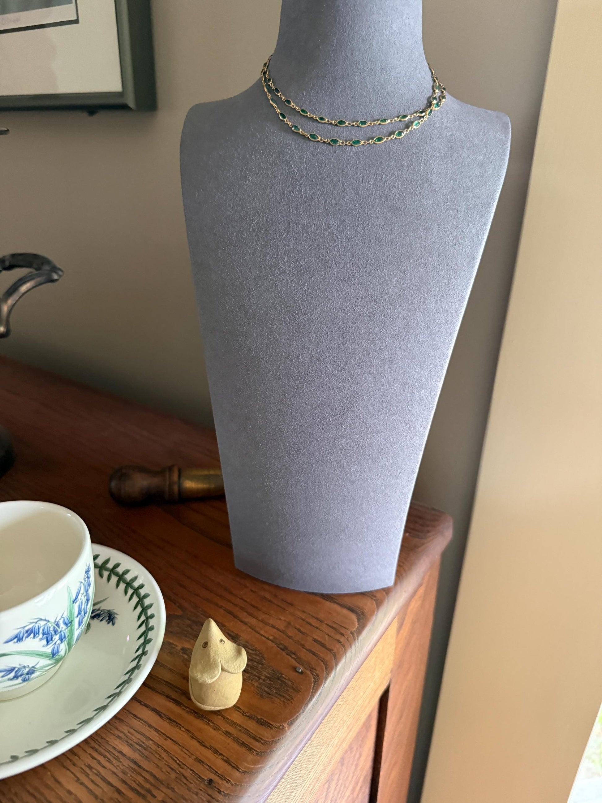 EMERALD 59 Marquise Green Bezel Set Station Chain Necklace 24" Long French Vintage Neckstack