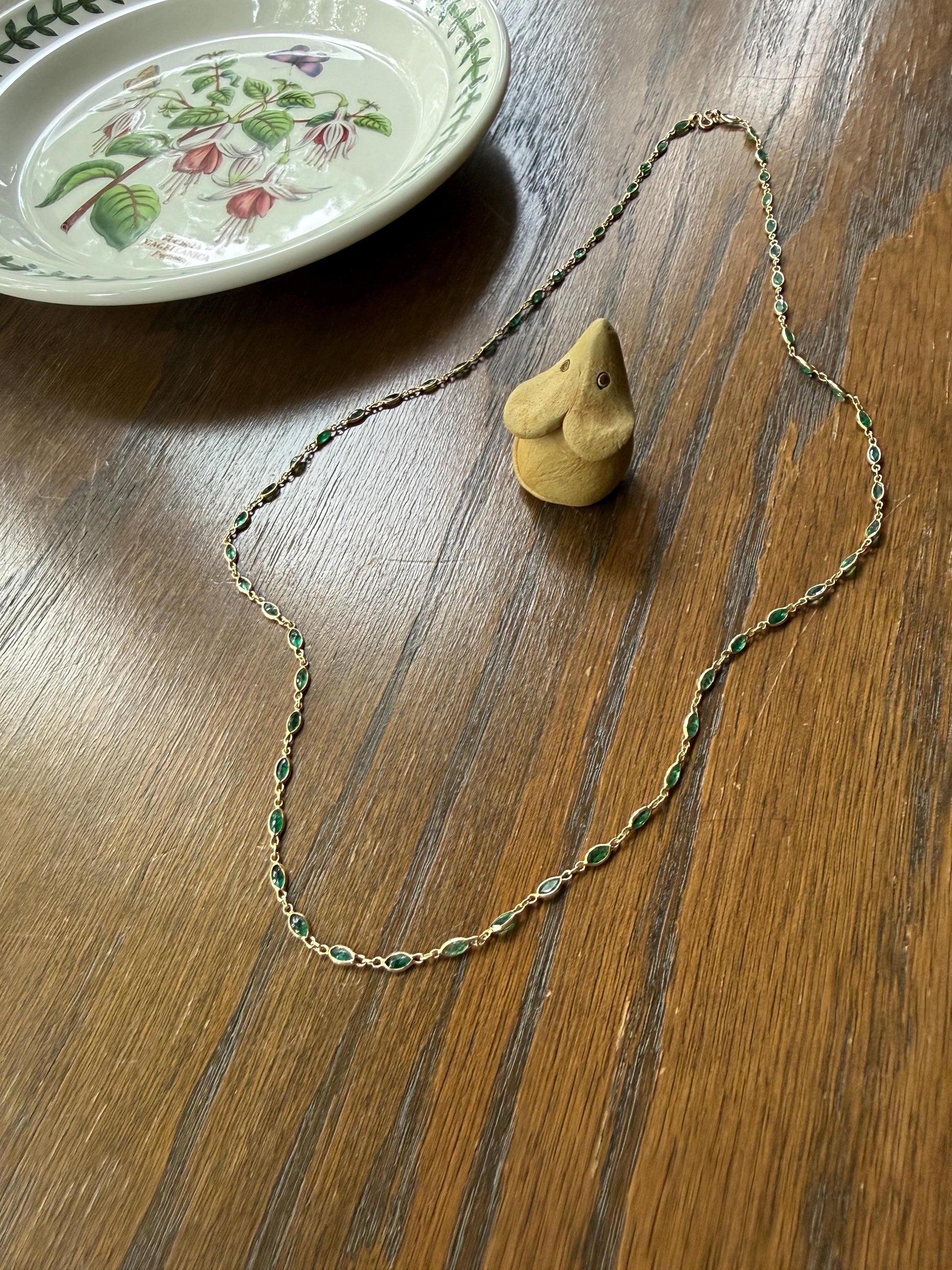 EMERALD 59 Marquise Green Bezel Set Station Chain Necklace 24" Long French Vintage Neckstack