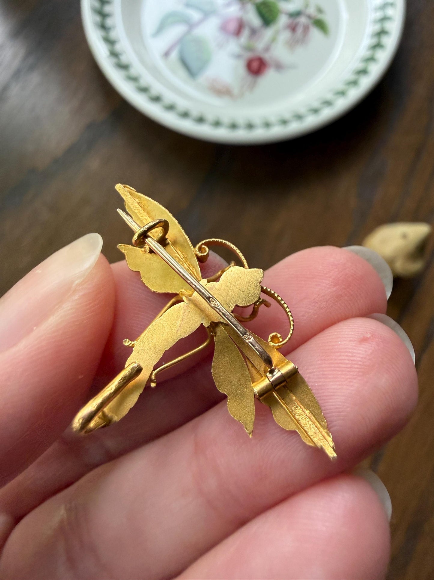 DRAGONFLY Antique French Figural 18k Tricolor Gold Pendant Holder Brooch Extender Connector Figural Victorian Hallmark Known Maker