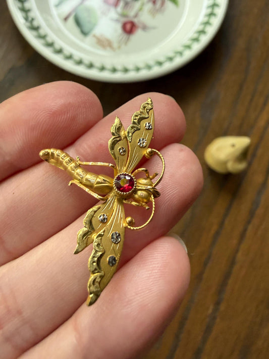 DRAGONFLY Antique French Figural 18k Tricolor Gold Pendant Holder Brooch Extender Connector Figural Victorian Hallmark Known Maker