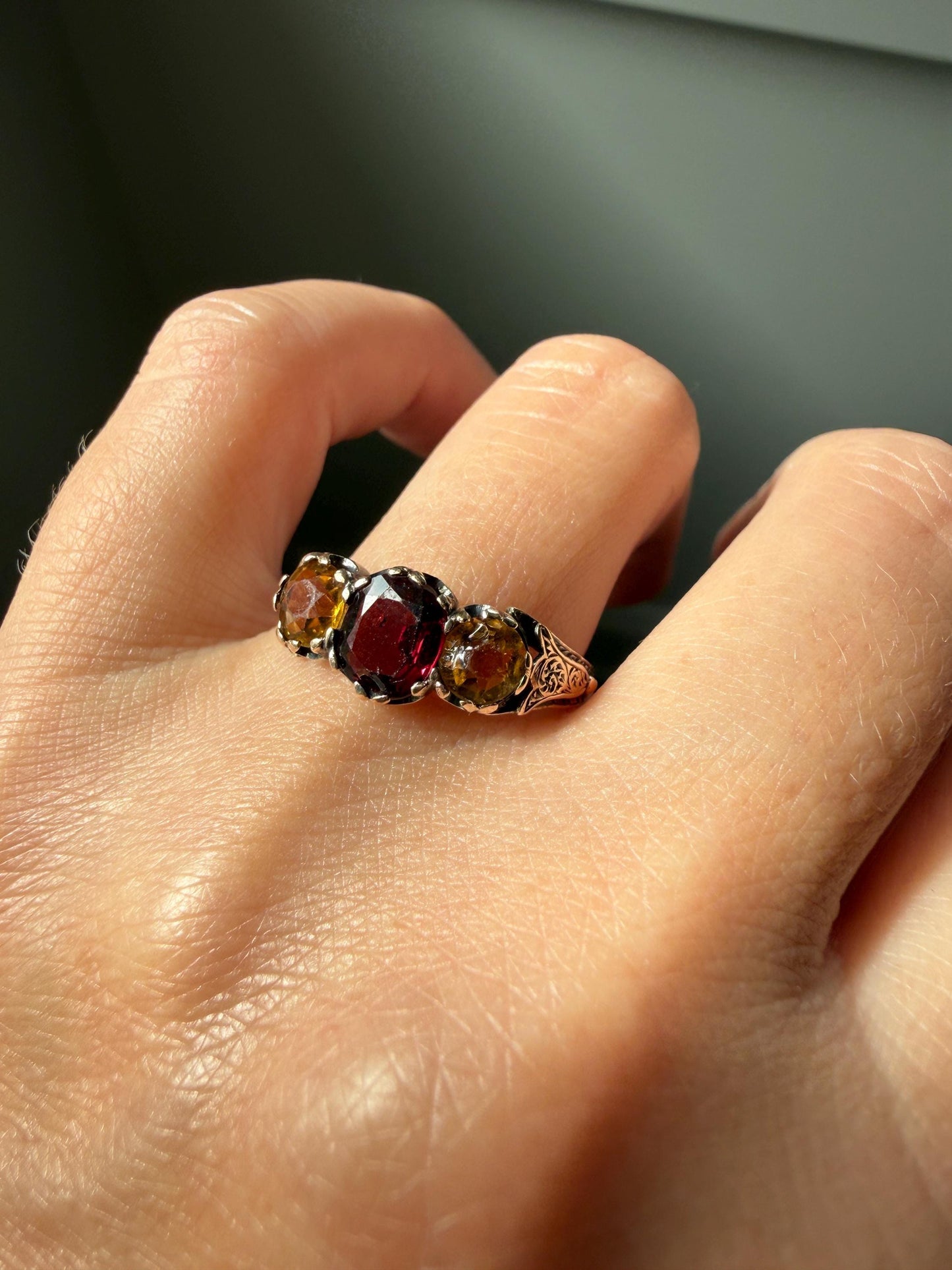 Rare Georgian Era Scottish Antique 14k Gold Three Stone Ring Garnet Citrine Red Yellow 360 Engraved Shank Inverness Known Maker Tulips
