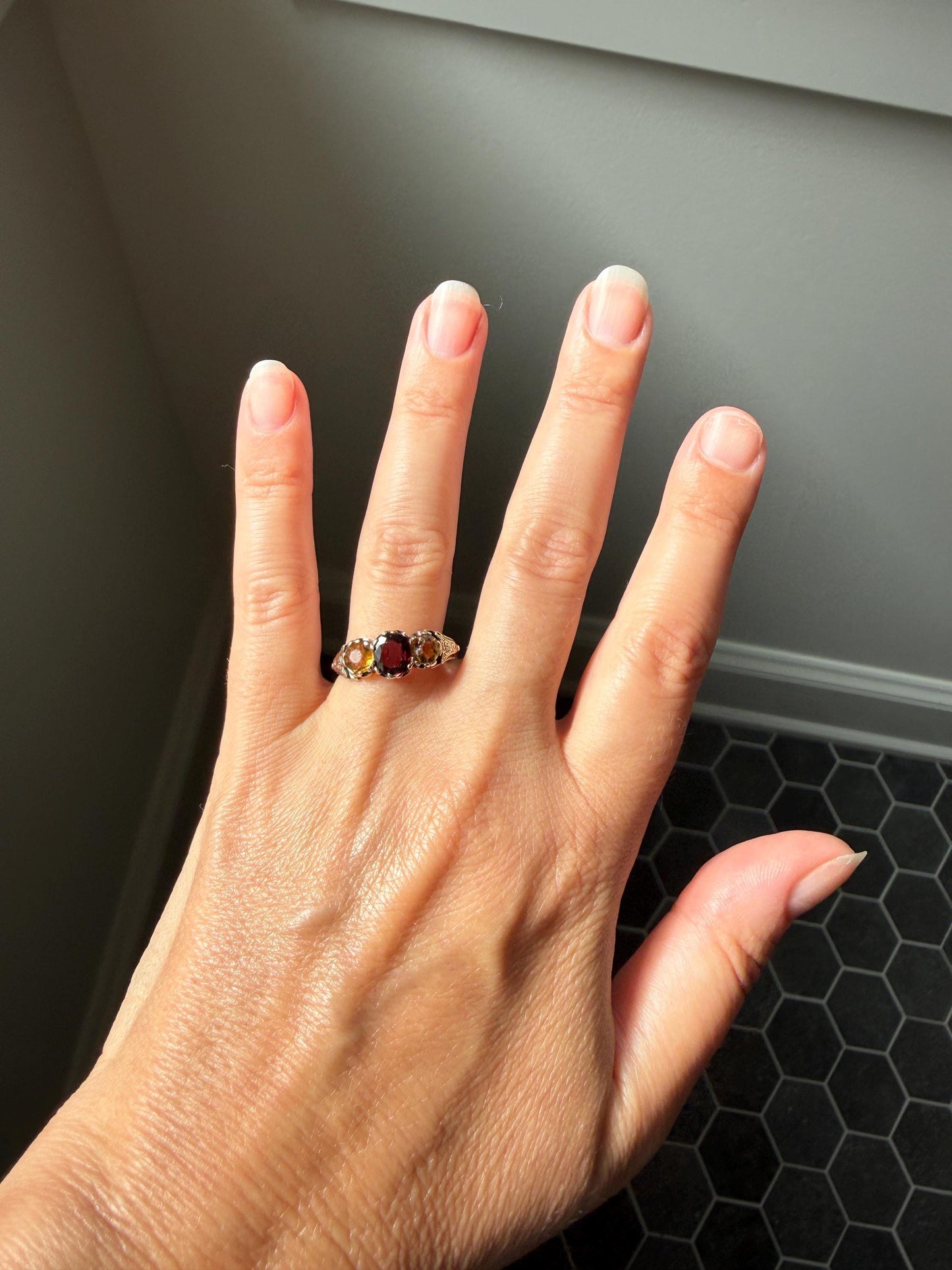 Rare Georgian Era Scottish Antique 14k Gold Three Stone Ring Garnet Citrine Red Yellow 360 Engraved Shank Inverness Known Maker Tulips