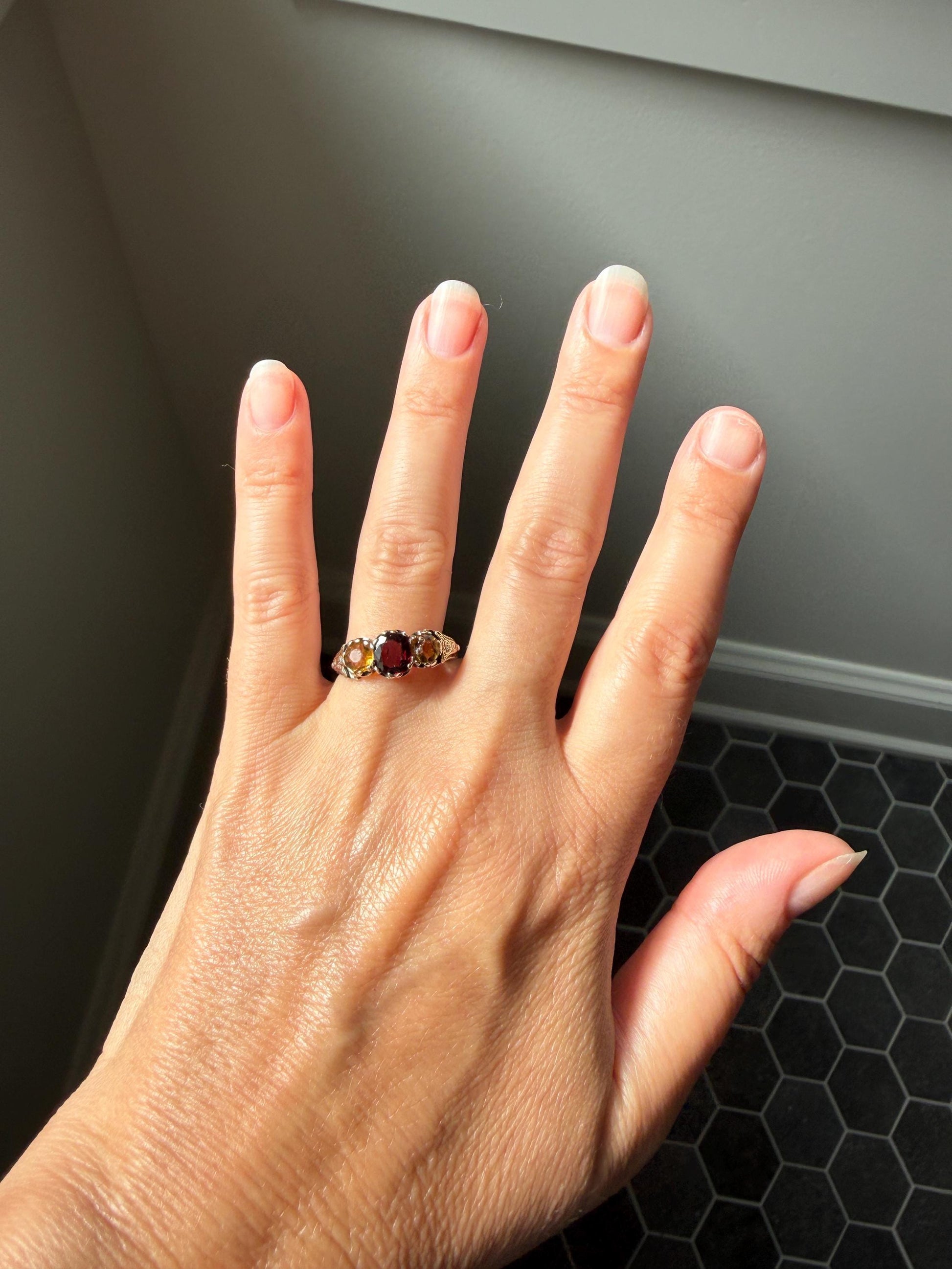 Rare Georgian Era Scottish Antique 14k Gold Three Stone Ring Garnet Citrine Red Yellow 360 Engraved Shank Inverness Known Maker Tulips