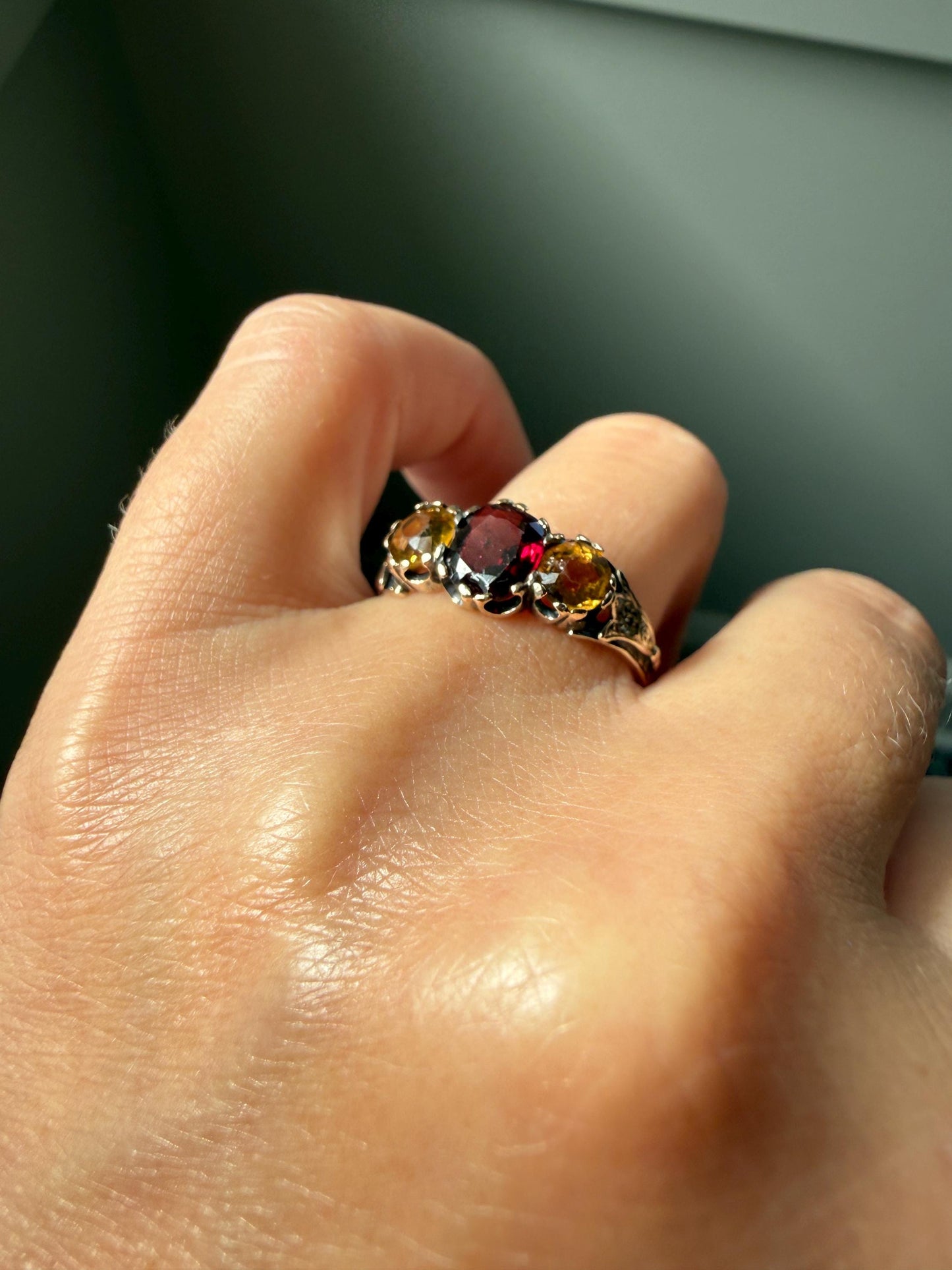 Rare Georgian Era Scottish Antique 14k Gold Three Stone Ring Garnet Citrine Red Yellow 360 Engraved Shank Inverness Known Maker Tulips