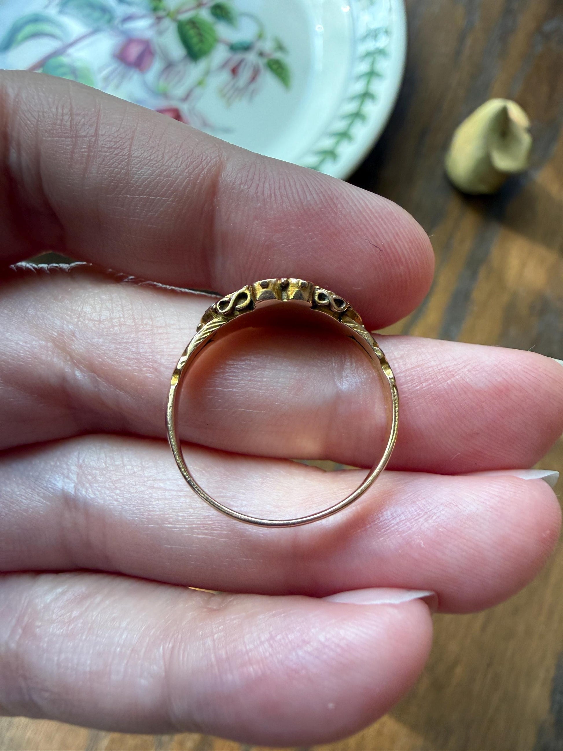 Double HEART Cut Purple GARNET Blue Green Beryl Pearl Antique Love Ring 14k Gold Figural Band Stacker Romantic Gift Victorian Georgian