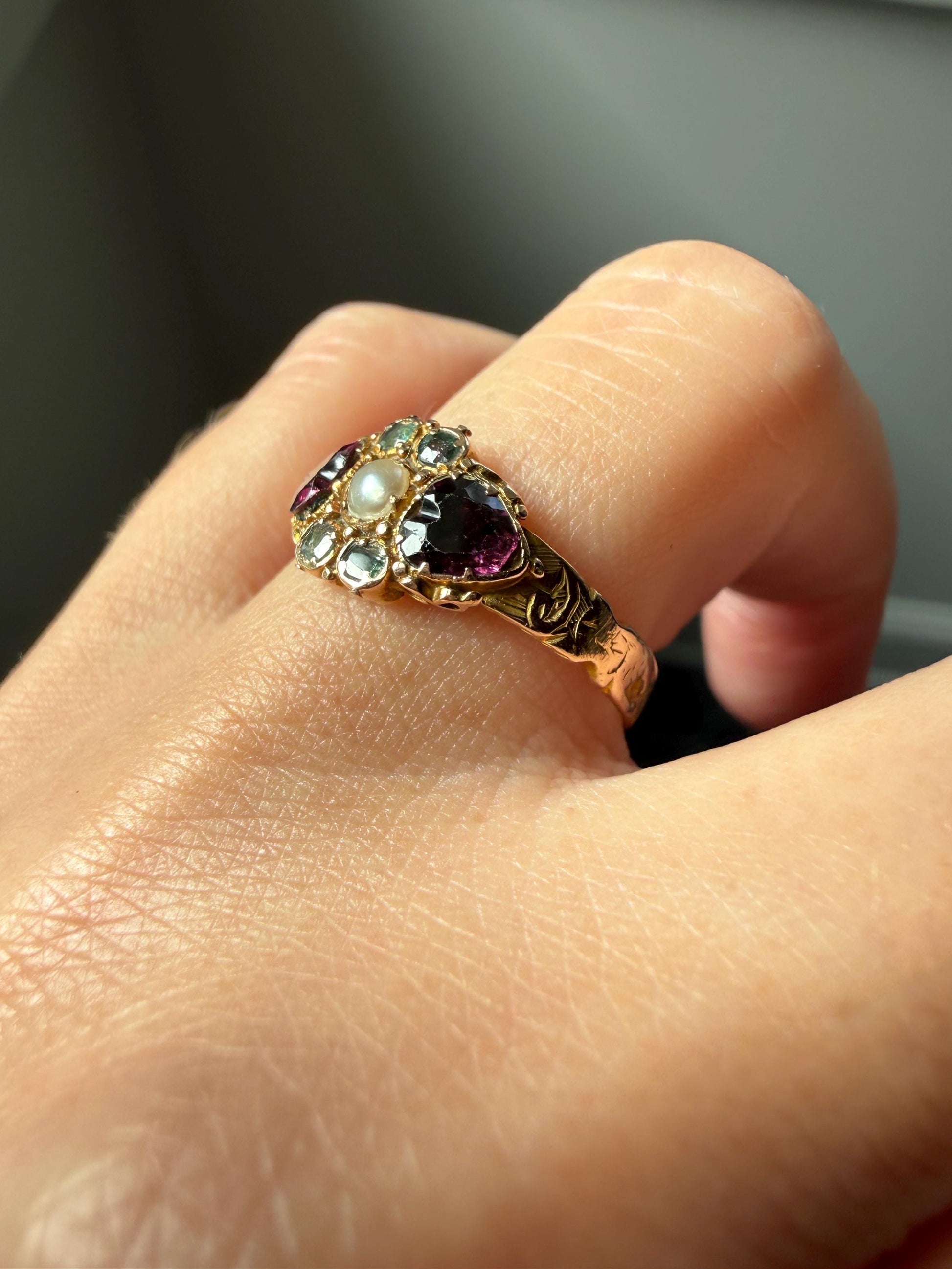 Double HEART Cut Purple GARNET Blue Green Beryl Pearl Antique Love Ring 14k Gold Figural Band Stacker Romantic Gift Victorian Georgian