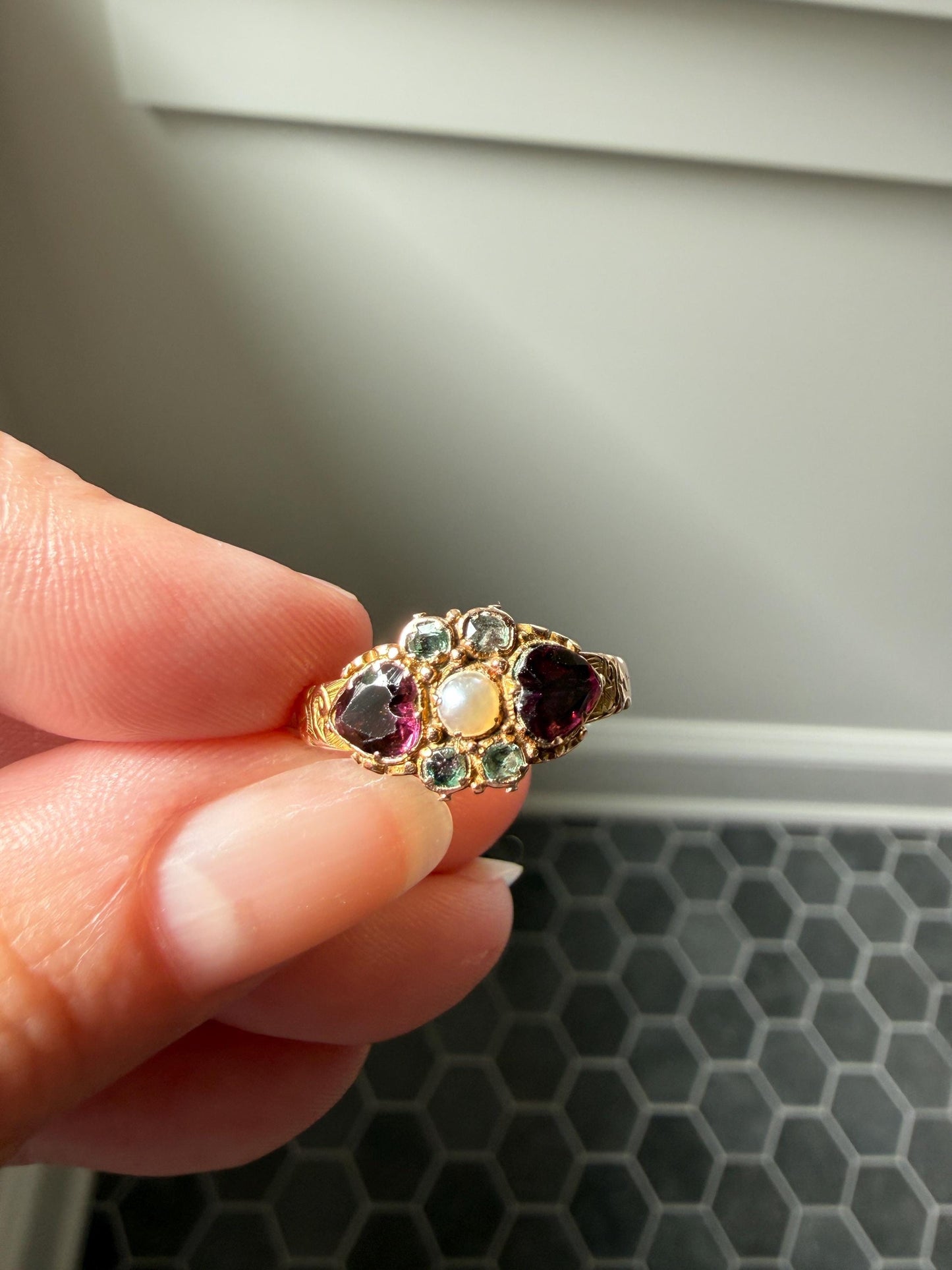 Double HEART Cut Purple GARNET Blue Green Beryl Pearl Antique Love Ring 14k Gold Figural Band Stacker Romantic Gift Victorian Georgian