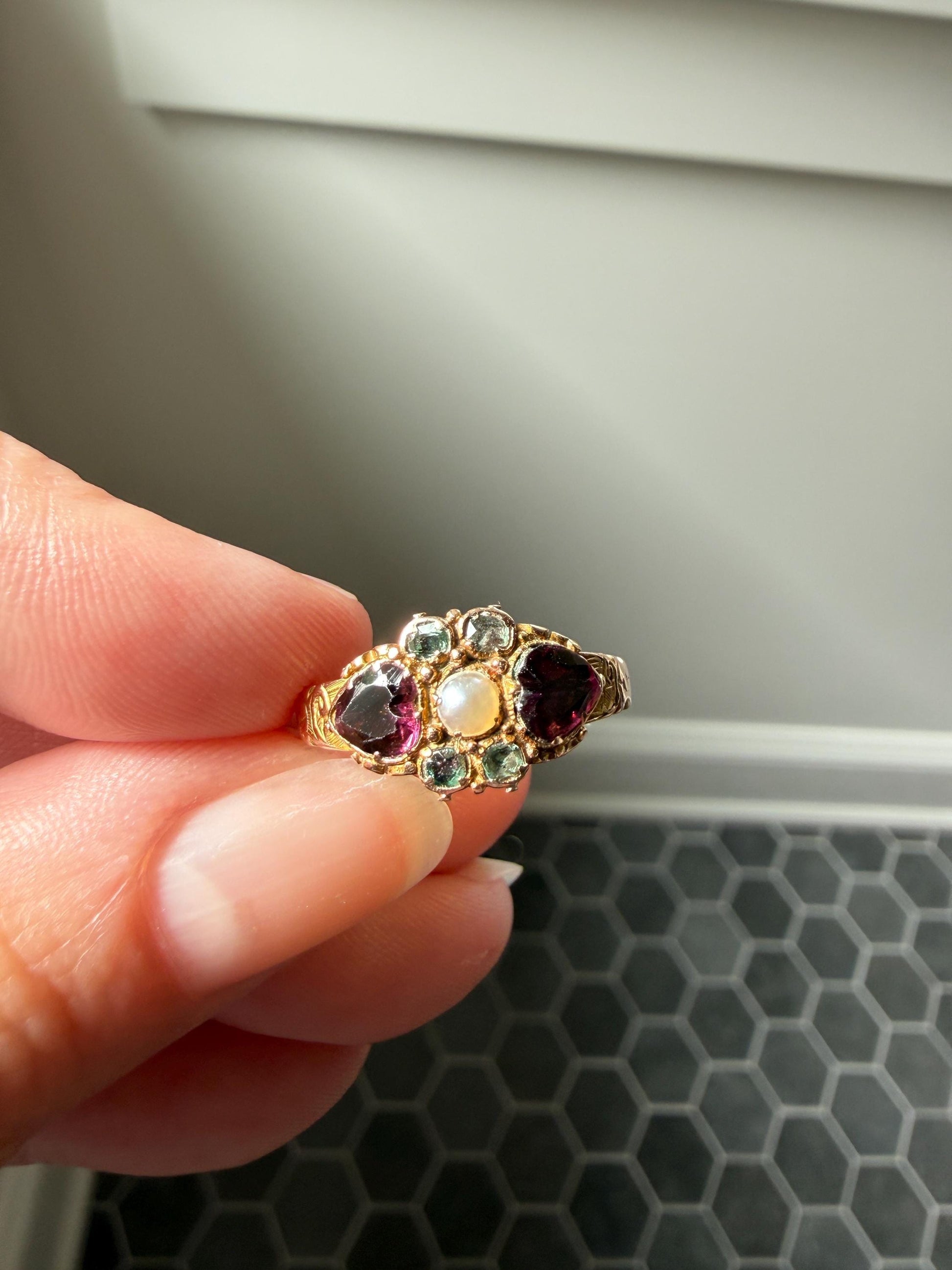 Double HEART Cut Purple GARNET Blue Green Beryl Pearl Antique Love Ring 14k Gold Figural Band Stacker Romantic Gift Victorian Georgian