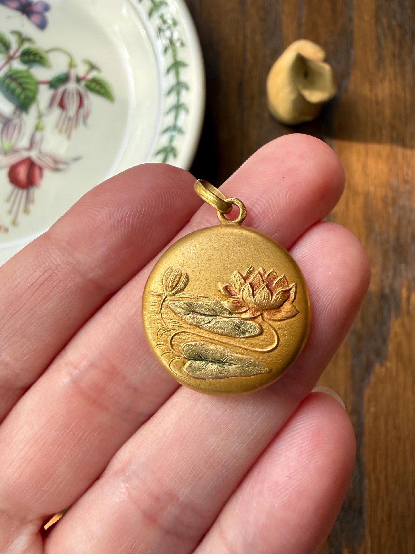 LILYPAD Antique Water Lily French Art Nouveau 18k Gold Reversible Pendant Medallion Puffy Circle Red Green Enamel Belle Epoque Floral