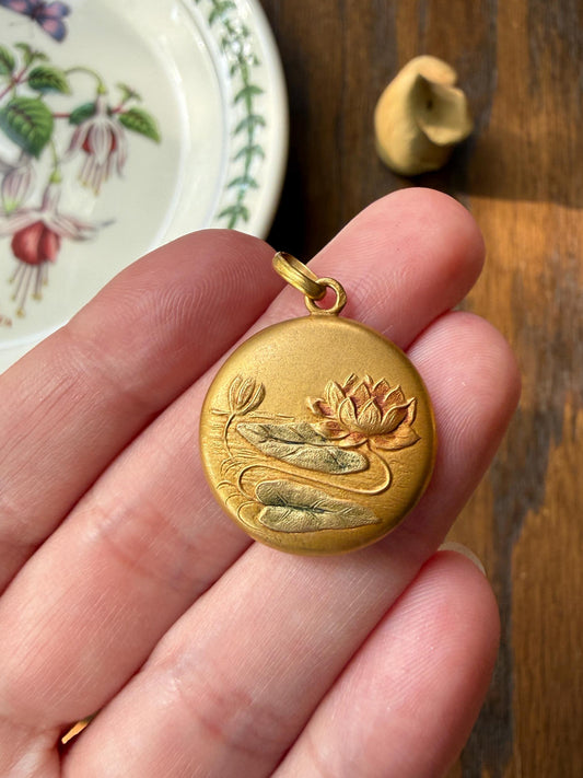 LILYPAD Antique Water Lily French Art Nouveau 18k Gold Reversible Pendant Medallion Puffy Circle Red Green Enamel Belle Epoque Floral