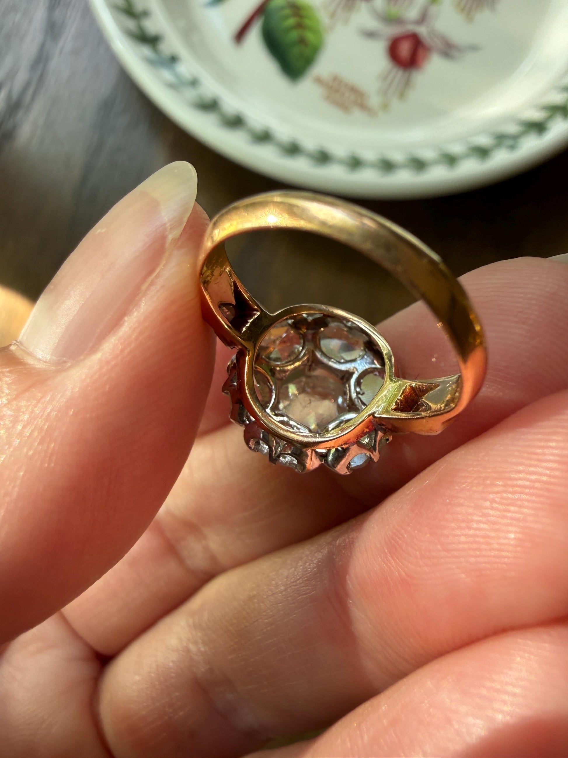 Antique Rose Cut DIAMOND Daisy Cluster Ring French Victorian Era Hallmark 18k Gold 2.5 Carats Face Up Pinky Stacker Gift