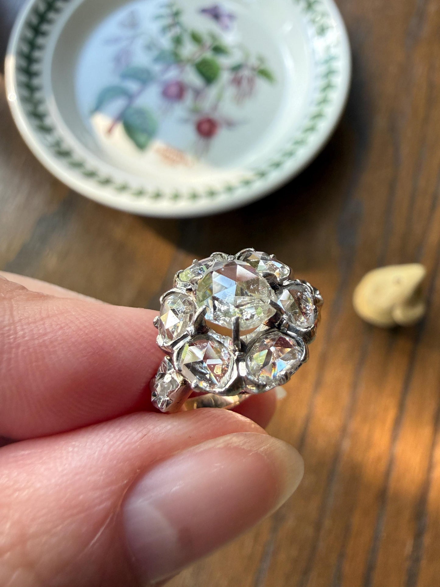 Antique Rose Cut DIAMOND Daisy Cluster Ring French Victorian Era Hallmark 18k Gold 2.5 Carats Face Up Pinky Stacker Gift