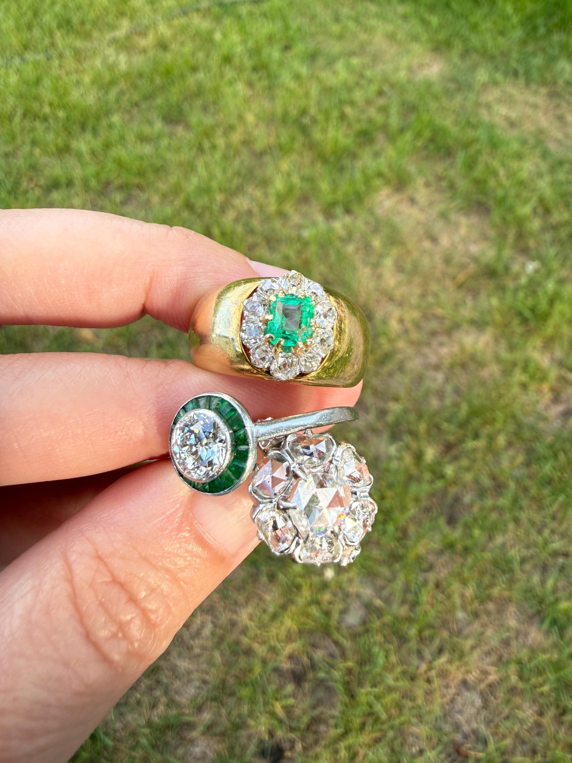 HEAVY Antique French 11.3g 18k Gold Wide Band Natural Emerald .75 Carat Old Mine Cut Diamond Halo Cluster