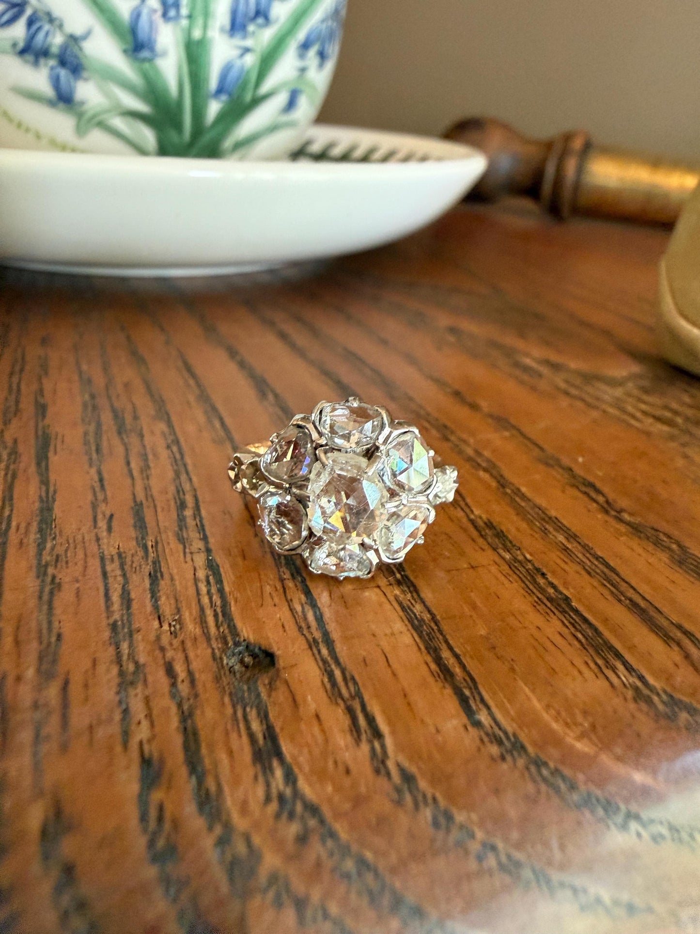 Antique Rose Cut DIAMOND Daisy Cluster Ring French Victorian Era Hallmark 18k Gold 2.5 Carats Face Up Pinky Stacker Gift