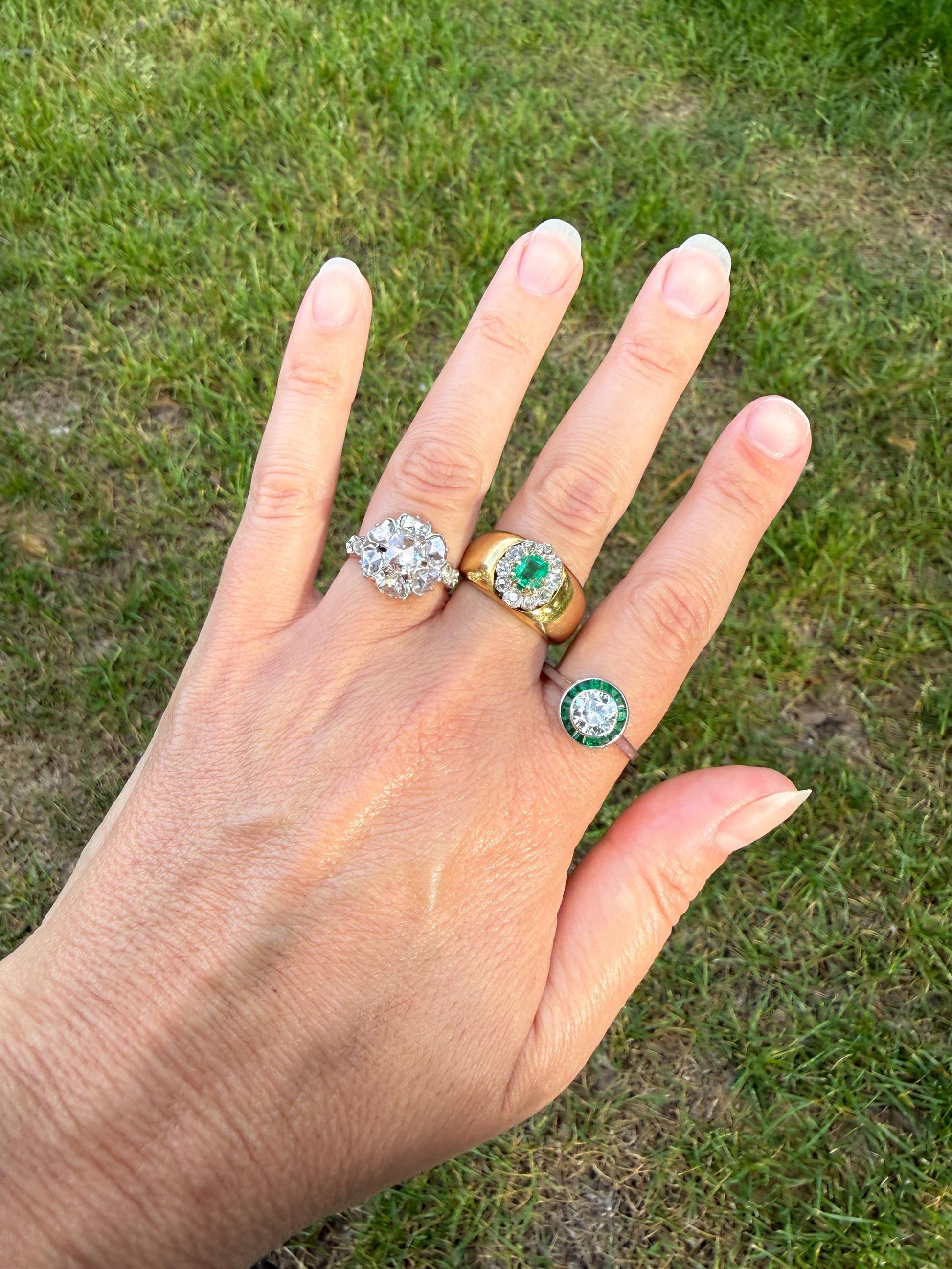 HEAVY Antique French 11.3g 18k Gold Wide Band Natural Emerald .75 Carat Old Mine Cut Diamond Halo Cluster