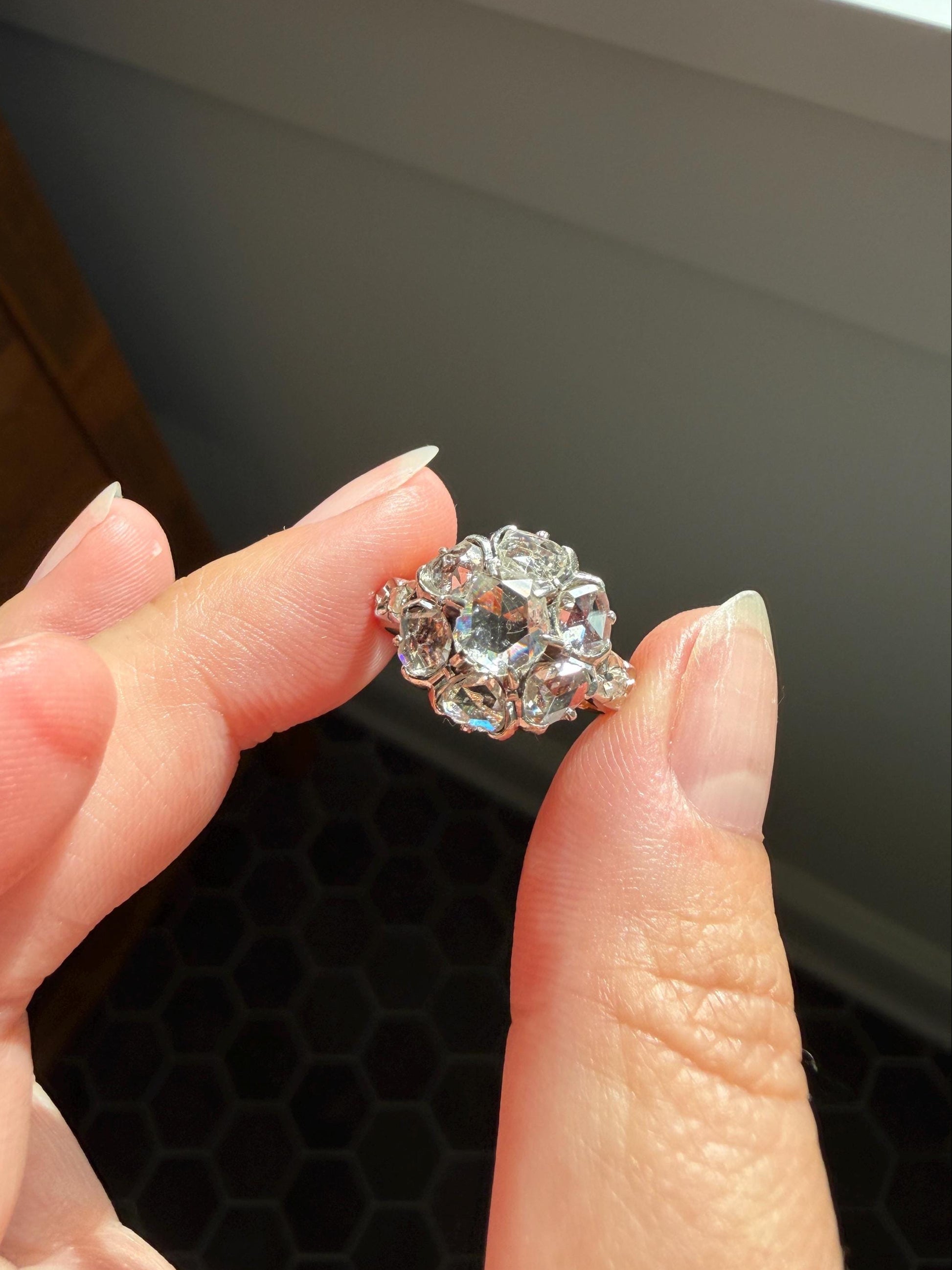 Antique Rose Cut DIAMOND Daisy Cluster Ring French Victorian Era Hallmark 18k Gold 2.5 Carats Face Up Pinky Stacker Gift
