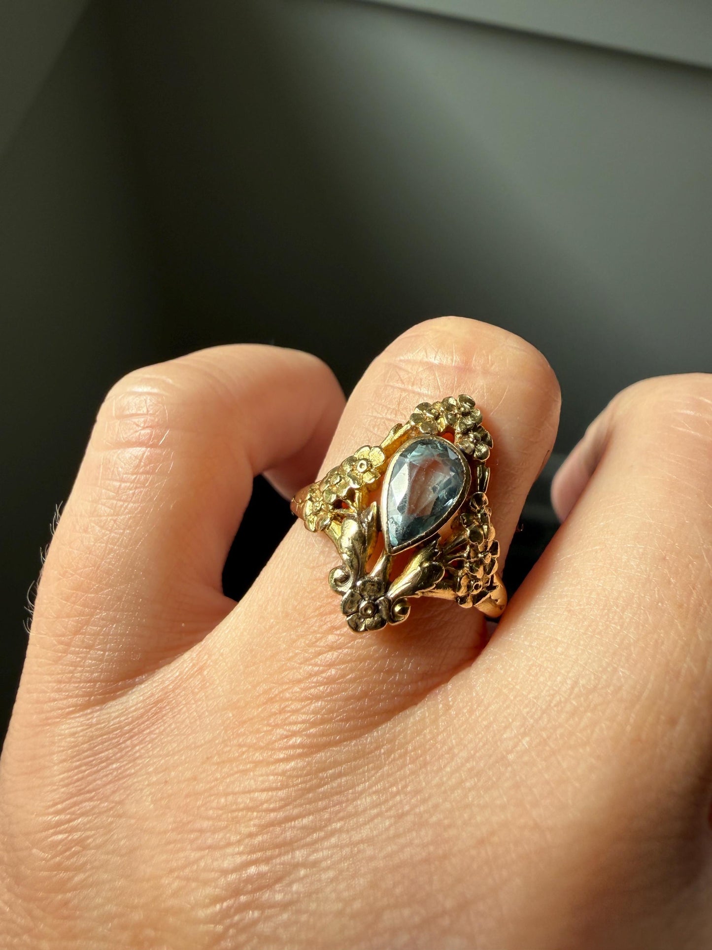 Forget Me Not AQUAMARINE Antique Belle Epoque FLORAL 18k Gold French Victorian Flower Garland Ring Pear Teardrop Pale Blue Bezel Set