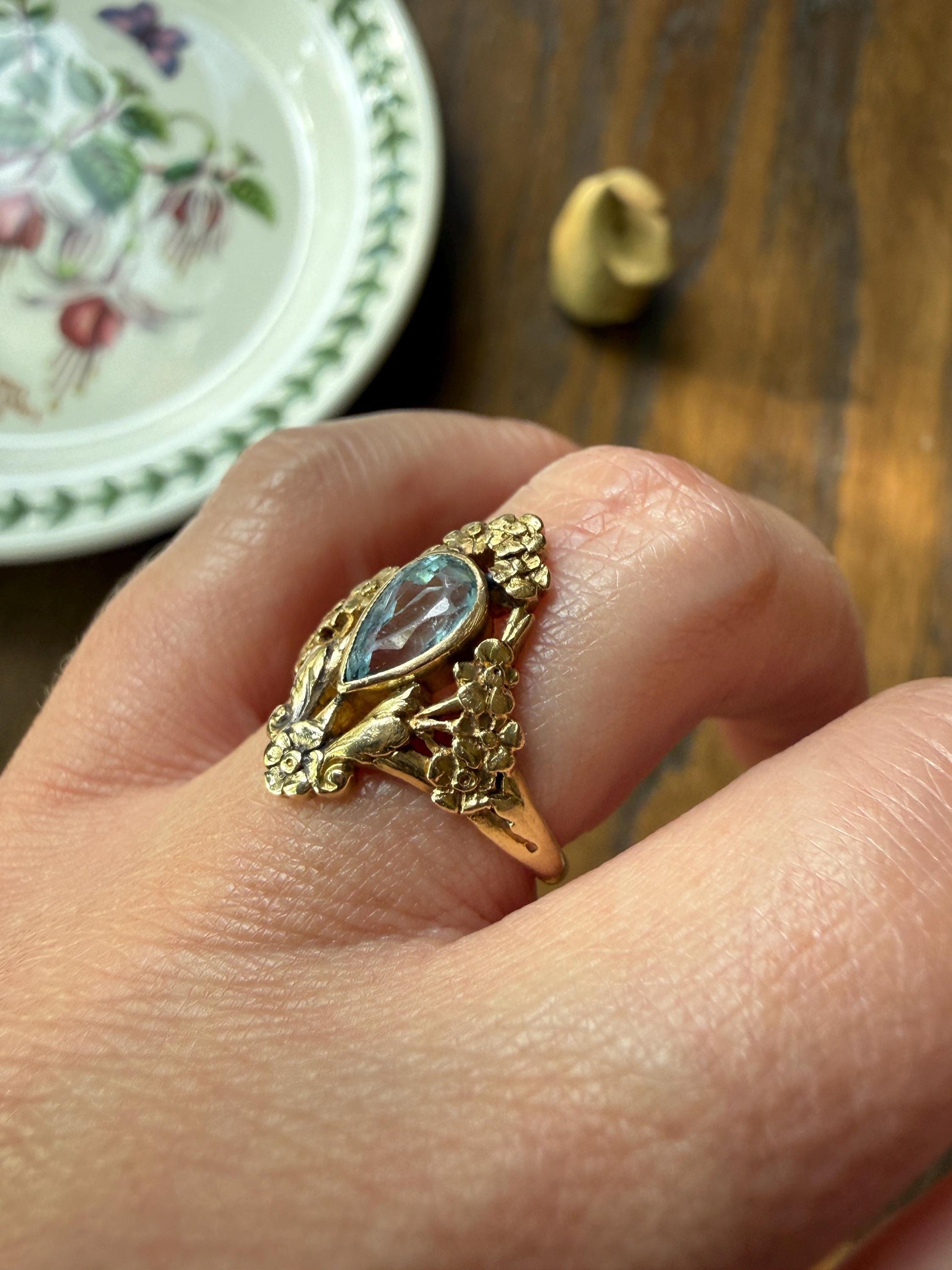 Forget Me Not AQUAMARINE Antique Belle Epoque FLORAL 18k Gold French Victorian Flower Garland Ring Pear Teardrop Pale Blue Bezel Set
