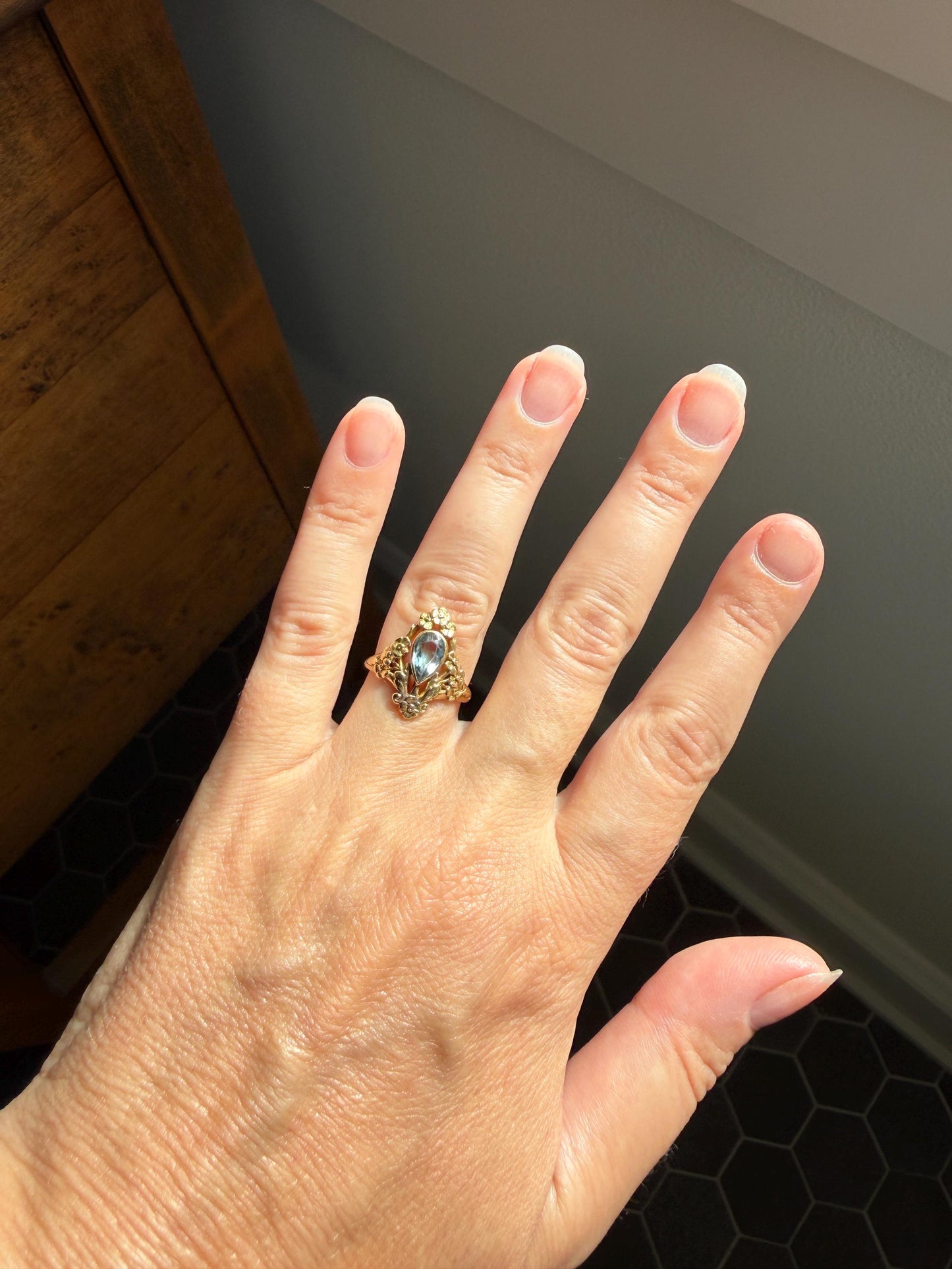 Forget Me Not AQUAMARINE Antique Belle Epoque FLORAL 18k Gold French Victorian Flower Garland Ring Pear Teardrop Pale Blue Bezel Set