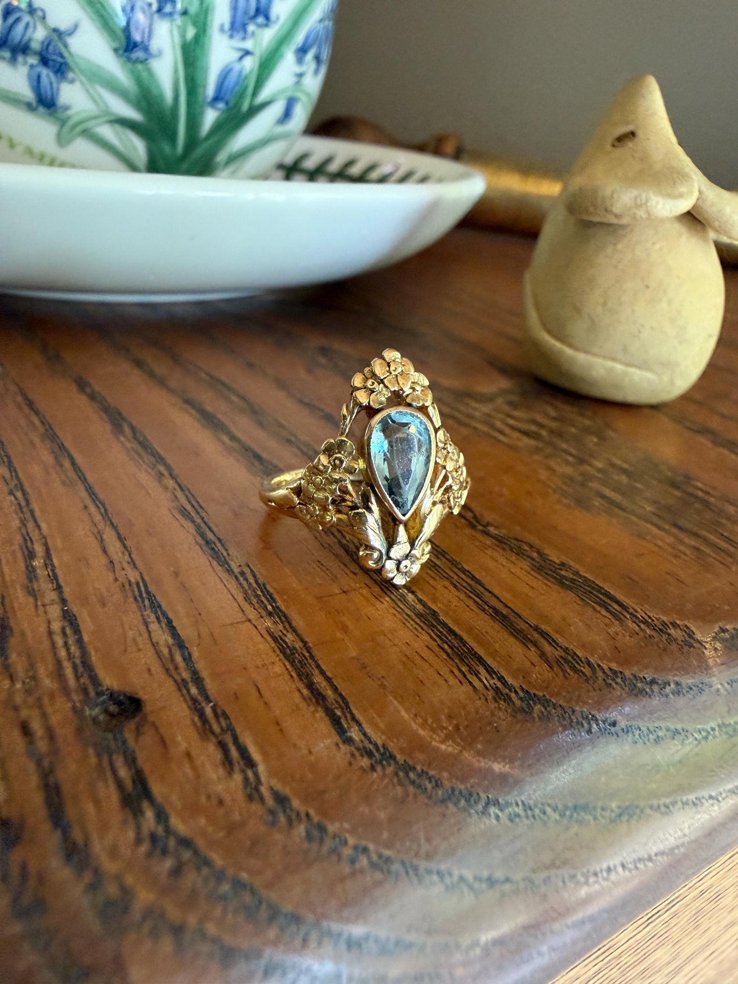 Forget Me Not AQUAMARINE Antique Belle Epoque FLORAL 18k Gold French Victorian Flower Garland Ring Pear Teardrop Pale Blue Bezel Set