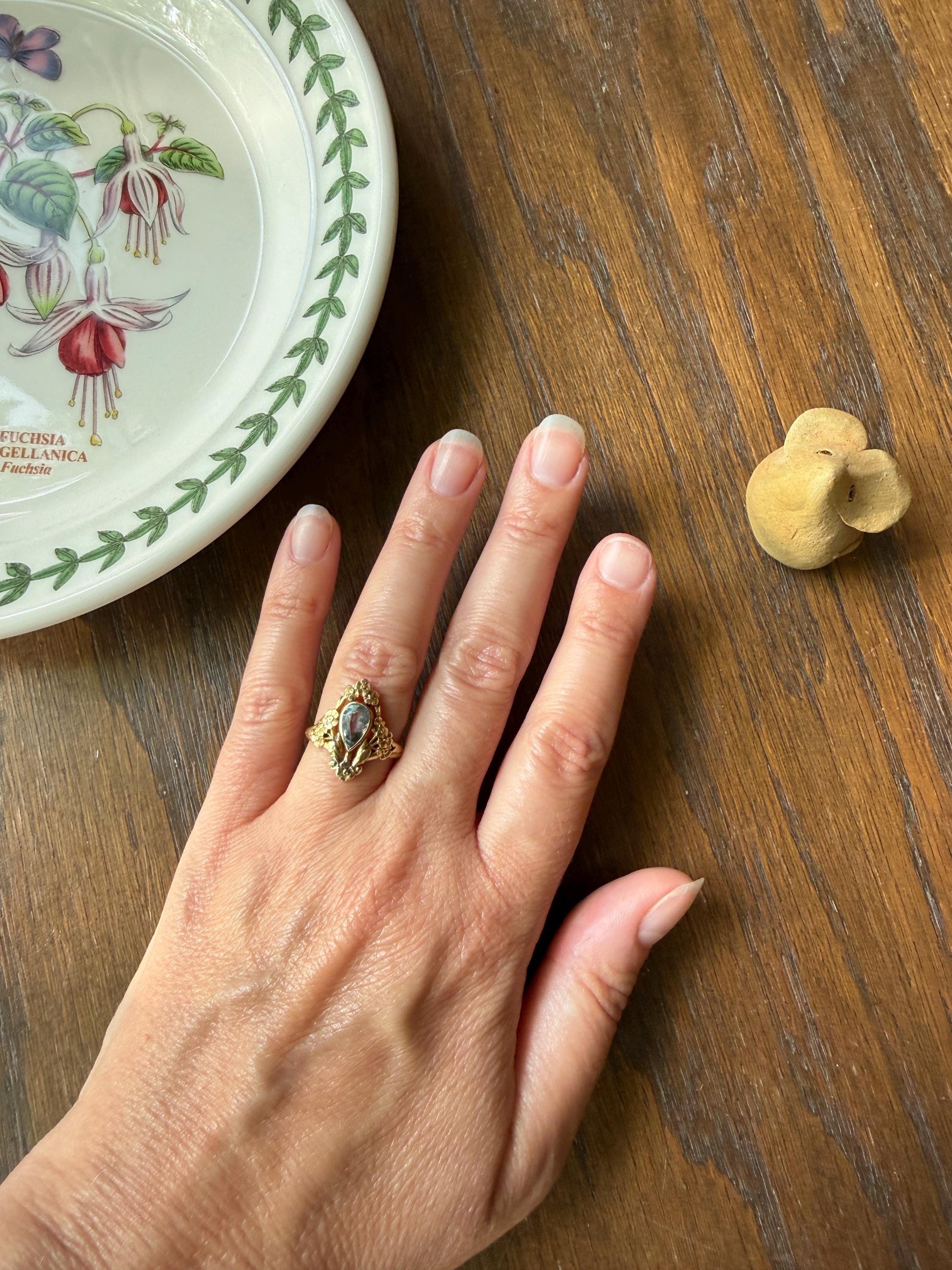 Forget Me Not AQUAMARINE Antique Belle Epoque FLORAL 18k Gold French Victorian Flower Garland Ring Pear Teardrop Pale Blue Bezel Set
