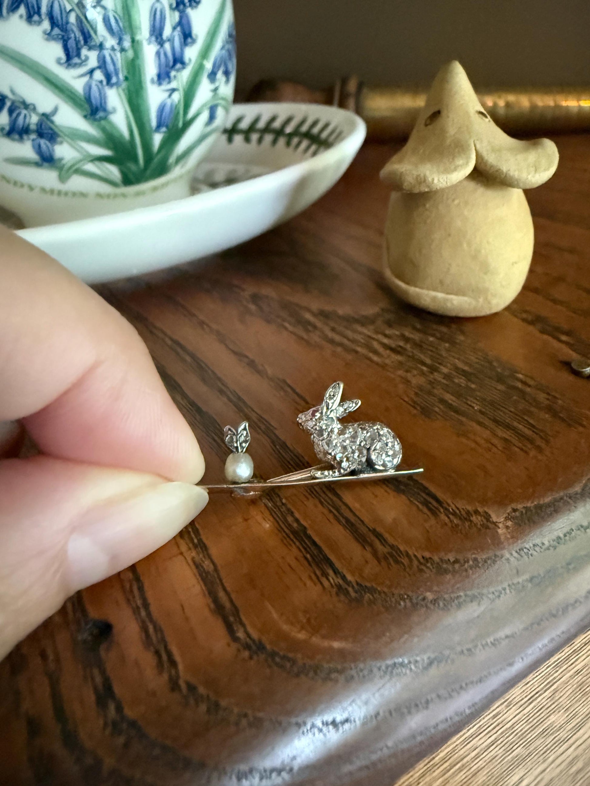 The Little Bun Bun BUNNY w/ Baby? Rose Cut Diamond Encrusted ANTIQUE Figural Rabbit Brooch 14k 18k Silver Extender Connector Pendant