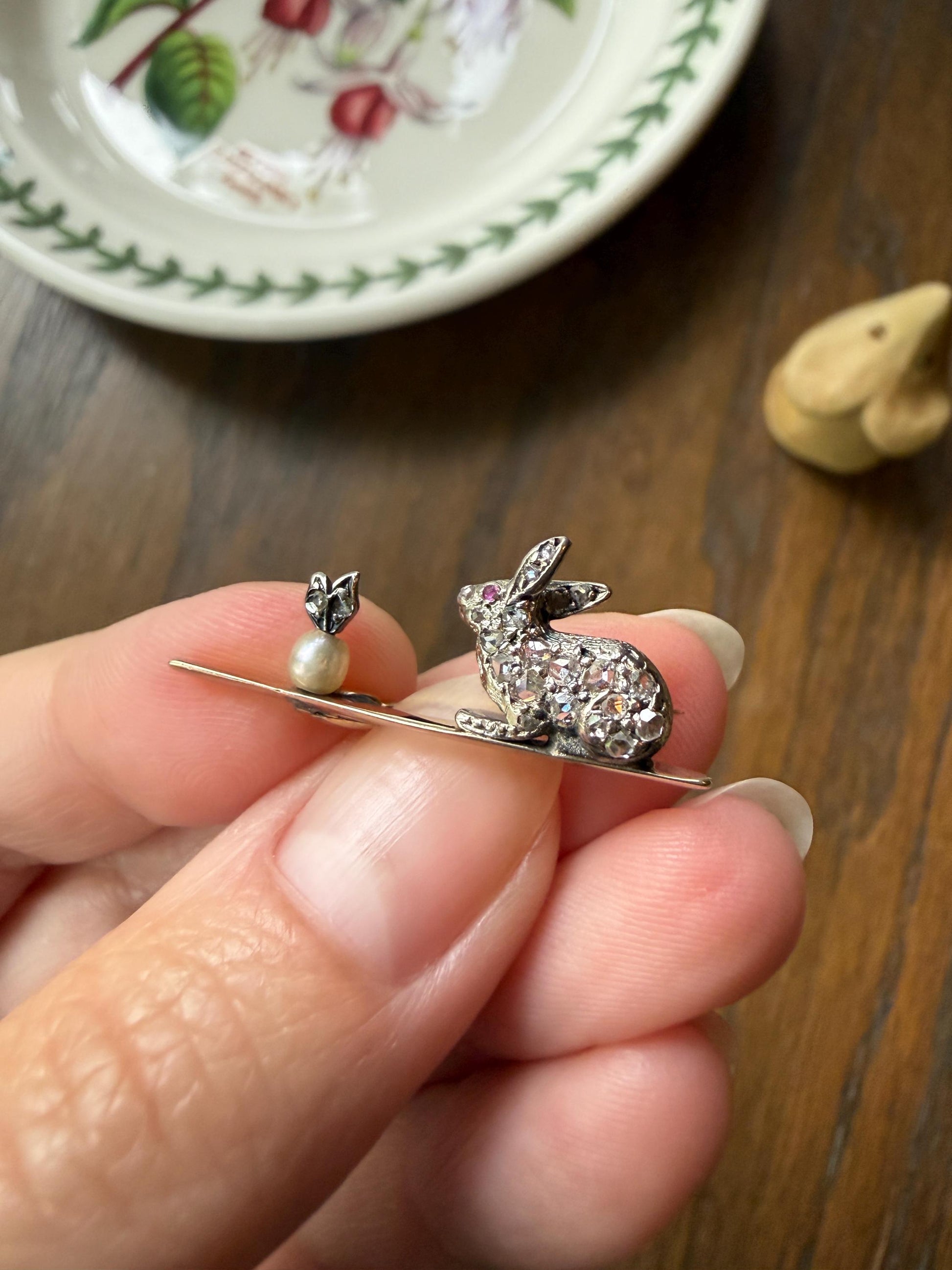 The Little Bun Bun BUNNY w/ Baby? Rose Cut Diamond Encrusted ANTIQUE Figural Rabbit Brooch 14k 18k Silver Extender Connector Pendant