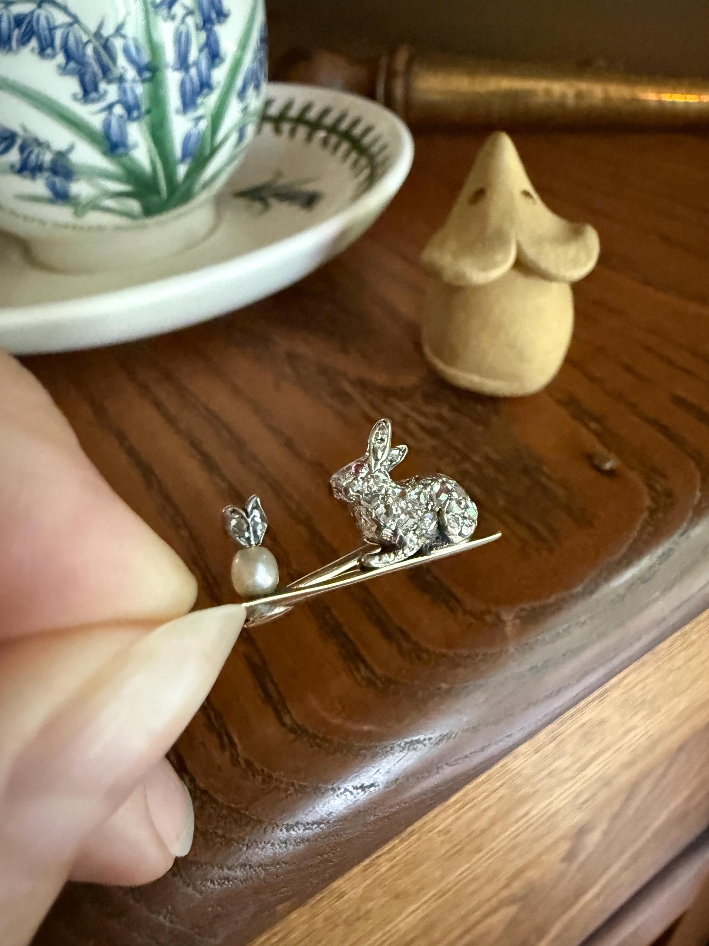 The Little Bun Bun BUNNY w/ Baby? Rose Cut Diamond Encrusted ANTIQUE Figural Rabbit Brooch 14k 18k Silver Extender Connector Pendant