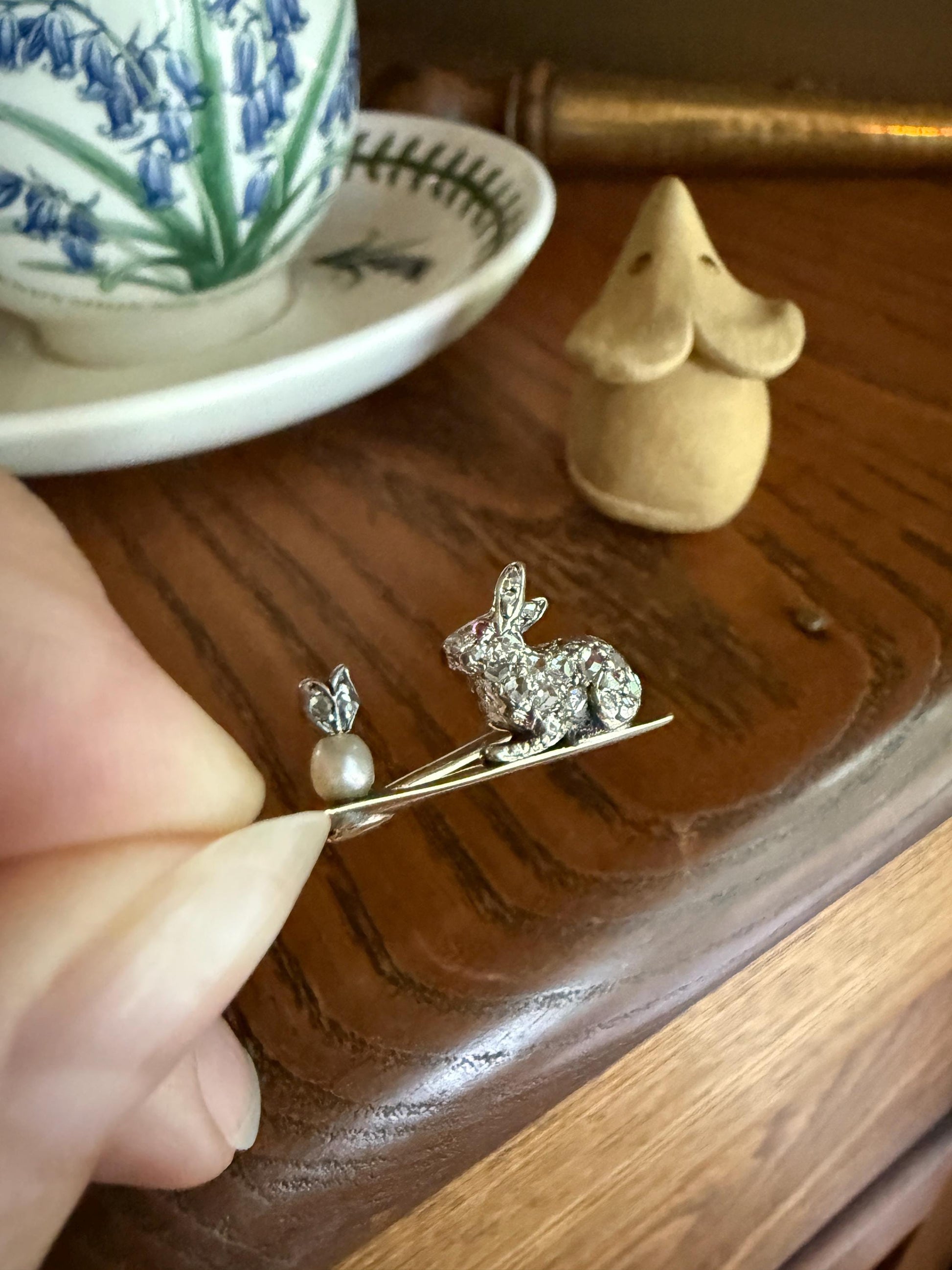The Little Bun Bun BUNNY w/ Baby? Rose Cut Diamond Encrusted ANTIQUE Figural Rabbit Brooch 14k 18k Silver Extender Connector Pendant