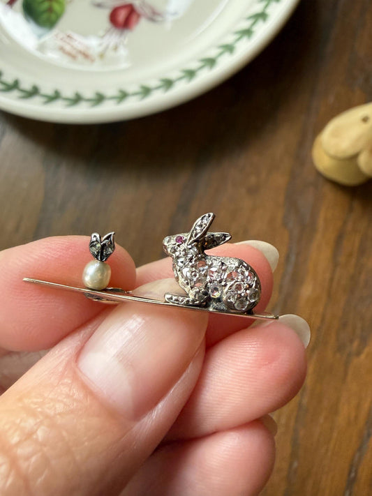The Little Bun Bun BUNNY w/ Baby? Rose Cut Diamond Encrusted ANTIQUE Figural Rabbit Brooch 14k 18k Silver Extender Connector Pendant