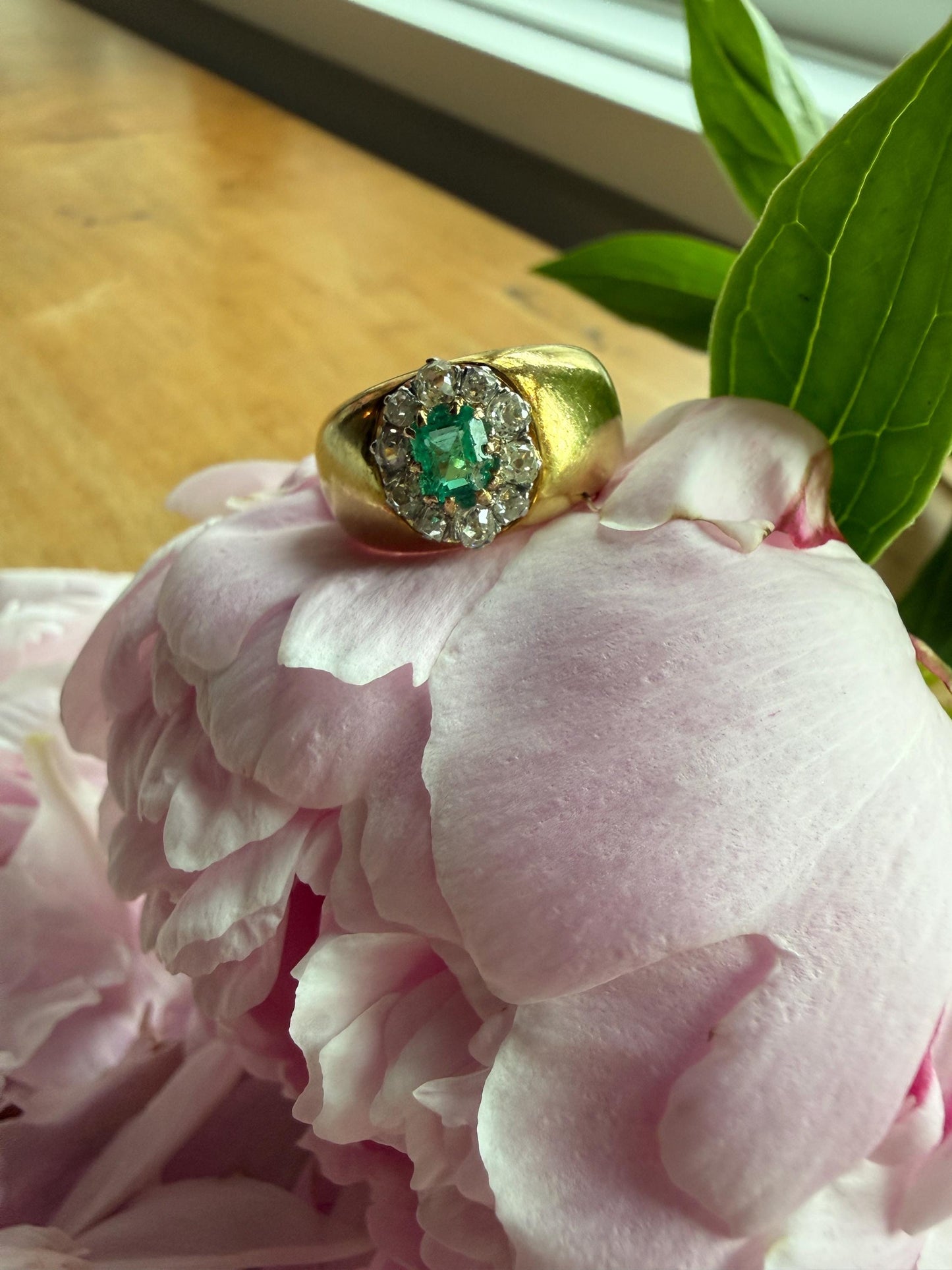 HEAVY Antique French 11.3g 18k Gold Wide Band Natural Emerald .75 Carat Old Mine Cut Diamond Halo Cluster