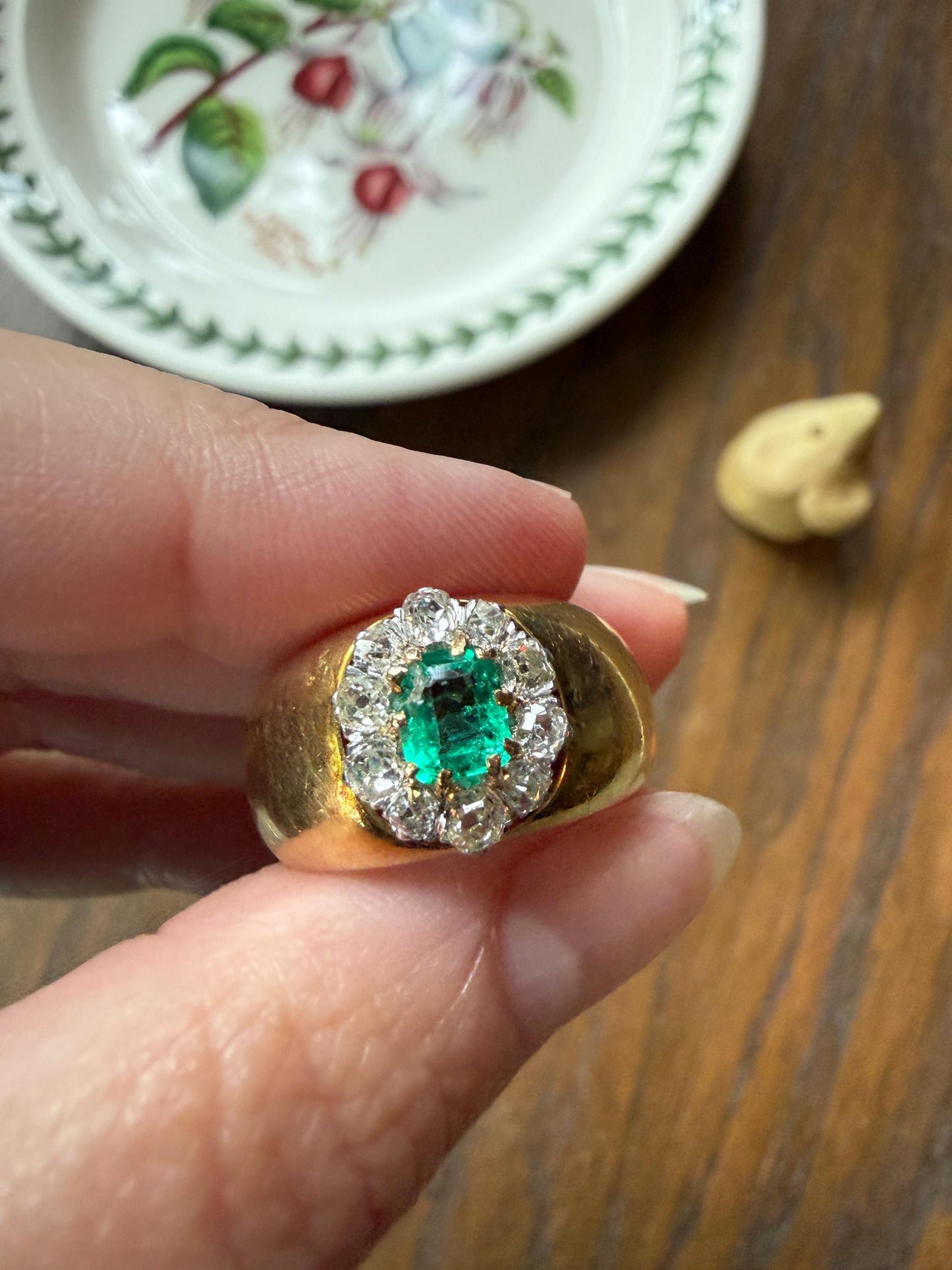 HEAVY Antique French 11.3g 18k Gold Wide Band Natural Emerald .75 Carat Old Mine Cut Diamond Halo Cluster