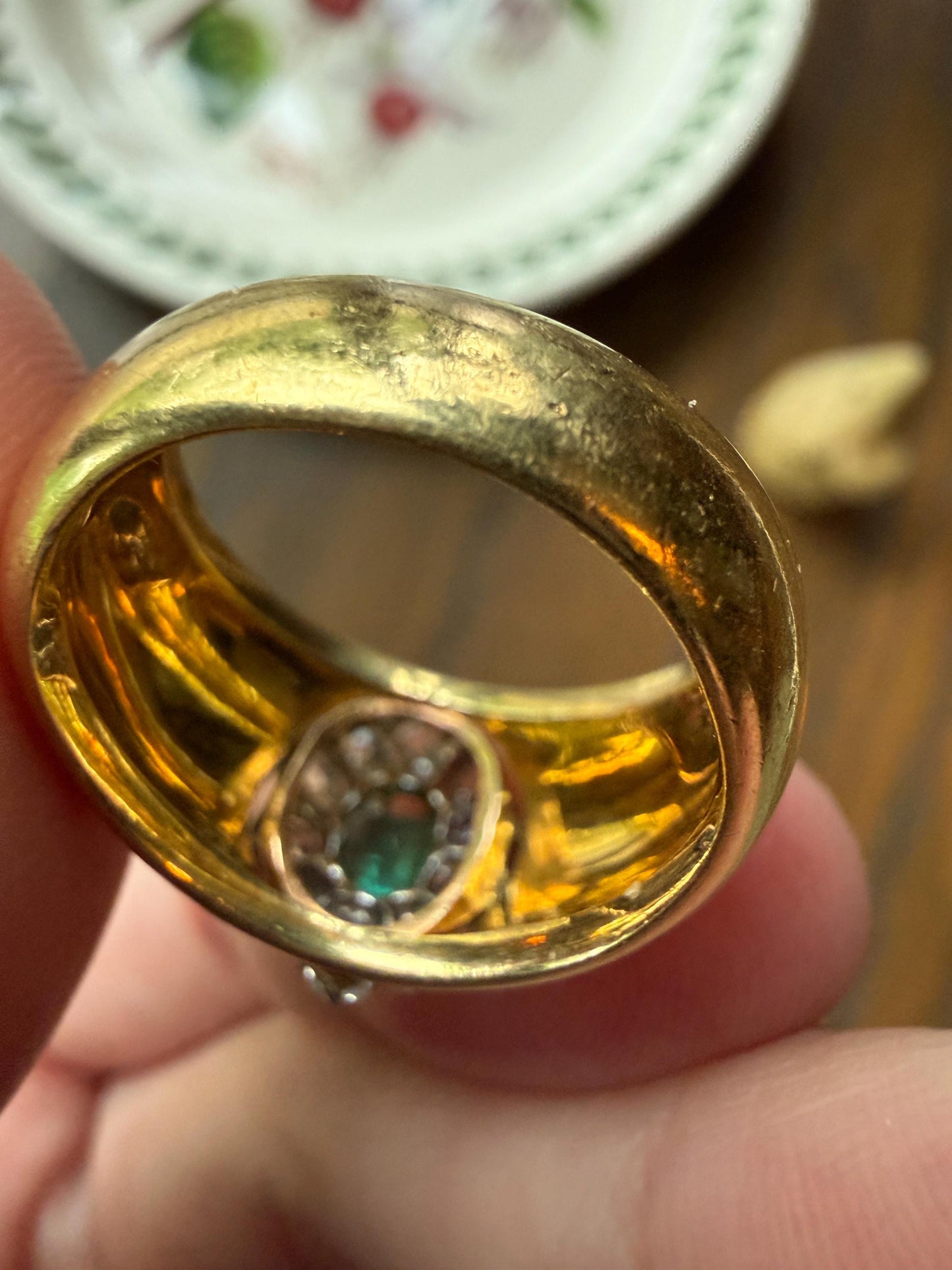 HEAVY Antique French 11.3g 18k Gold Wide Band Natural Emerald .75 Carat Old Mine Cut Diamond Halo Cluster