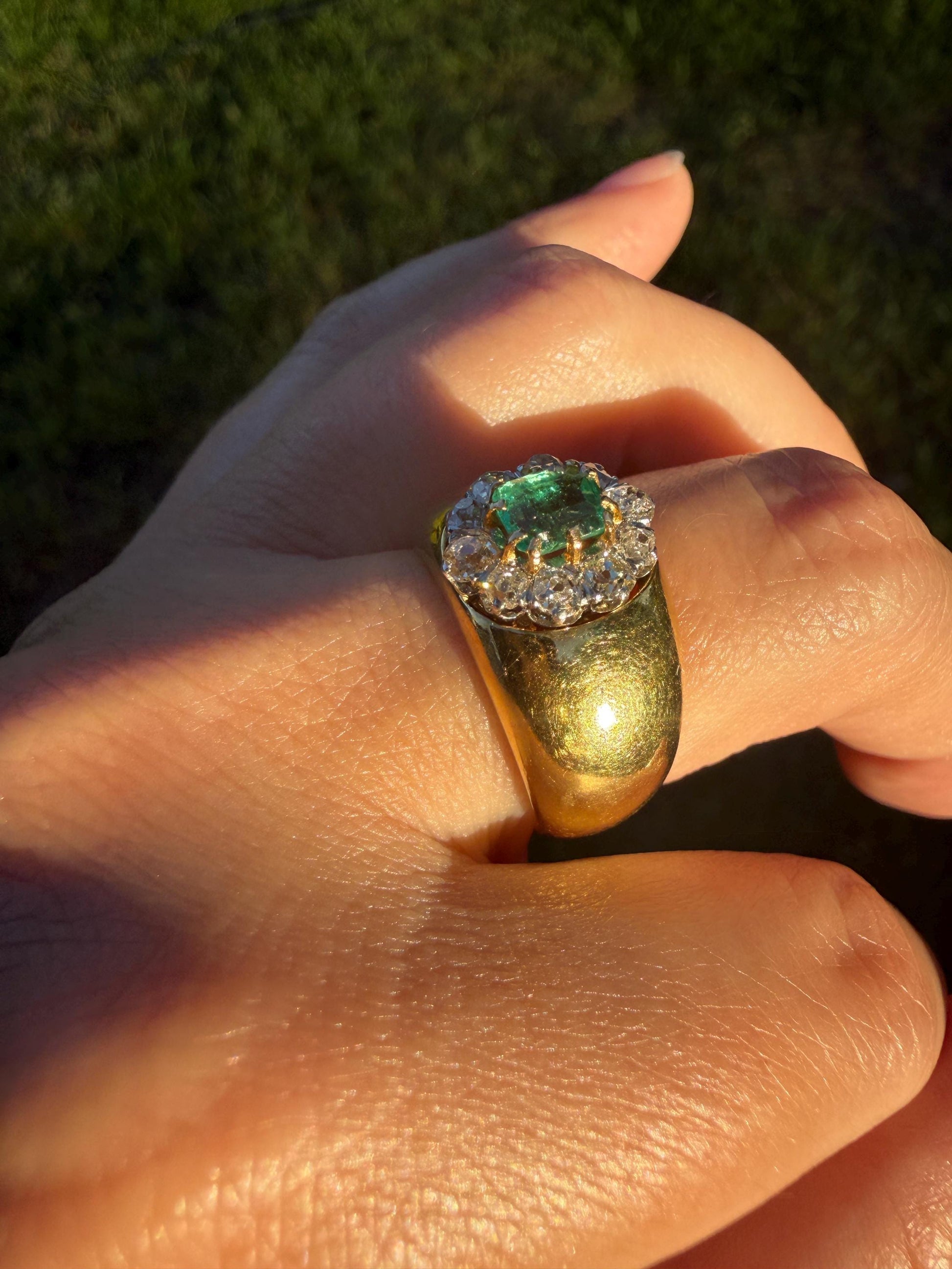 HEAVY Antique French 11.3g 18k Gold Wide Band Natural Emerald .75 Carat Old Mine Cut Diamond Halo Cluster