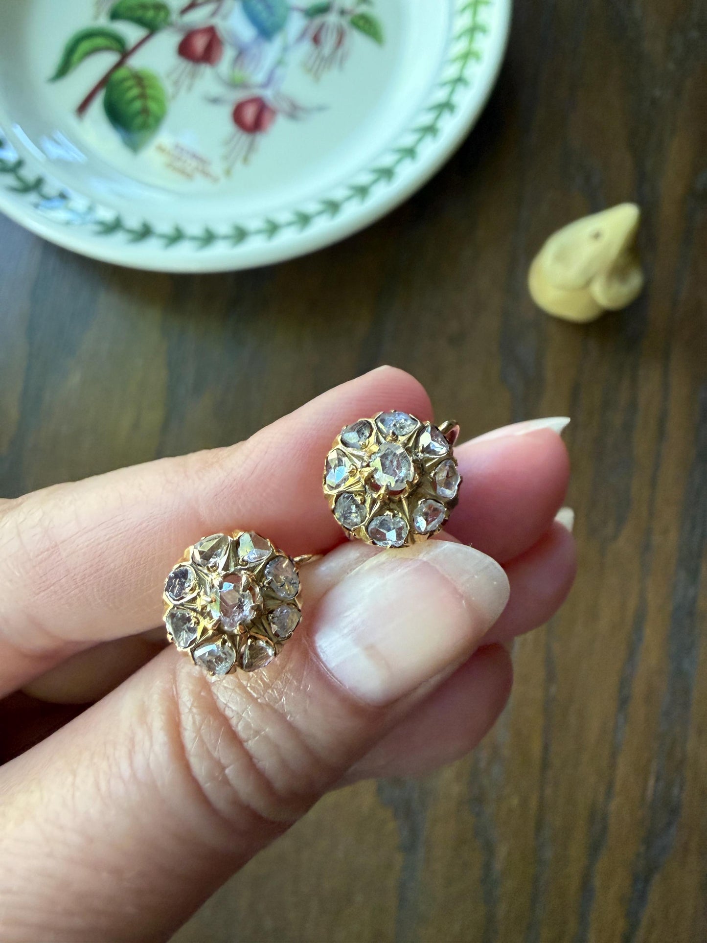 Victorian ANTIQUE Starburst Rose Cut Diamond Daisy Cluster Dormeuse Earrings French 18k Gold Solid Floral Dangle Belle Epoque