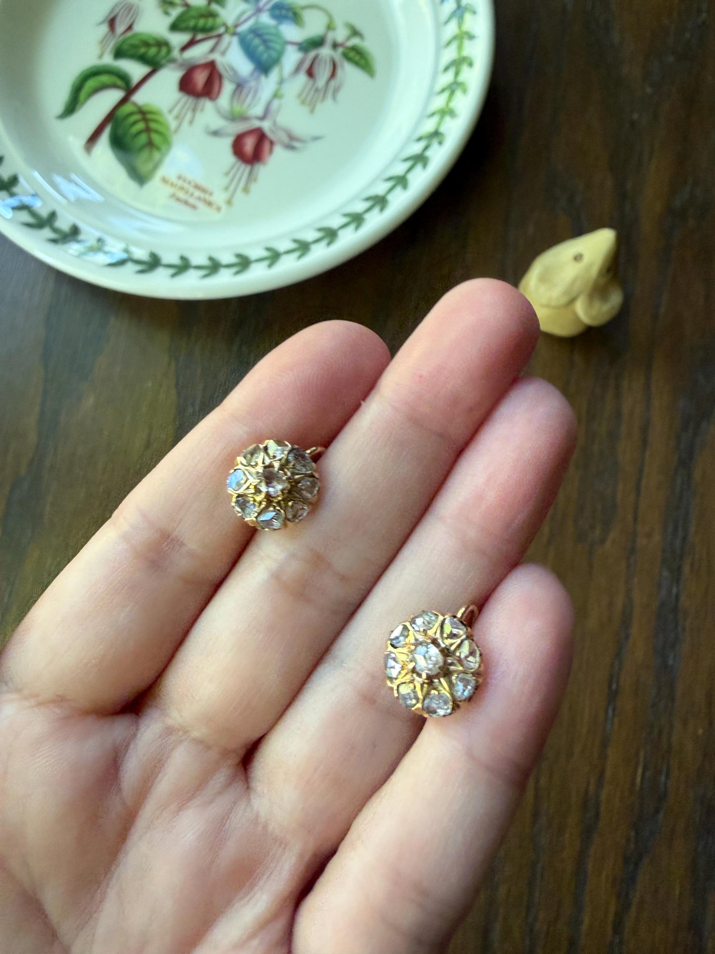 Victorian ANTIQUE Starburst Rose Cut Diamond Daisy Cluster Dormeuse Earrings French 18k Gold Solid Floral Dangle Belle Epoque