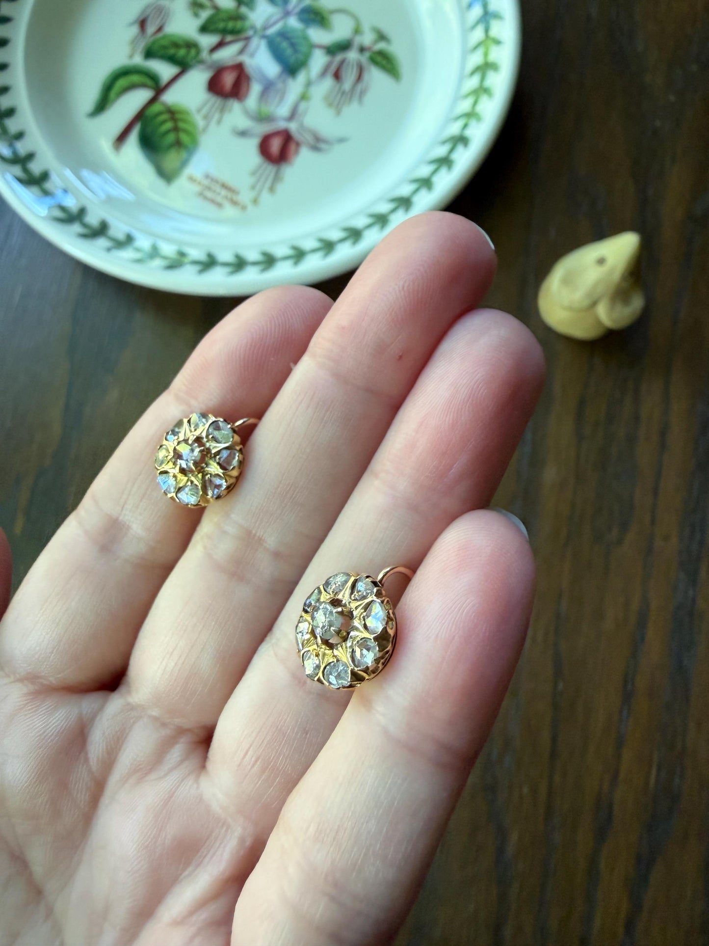 Victorian ANTIQUE Starburst Rose Cut Diamond Daisy Cluster Dormeuse Earrings French 18k Gold Solid Floral Dangle Belle Epoque