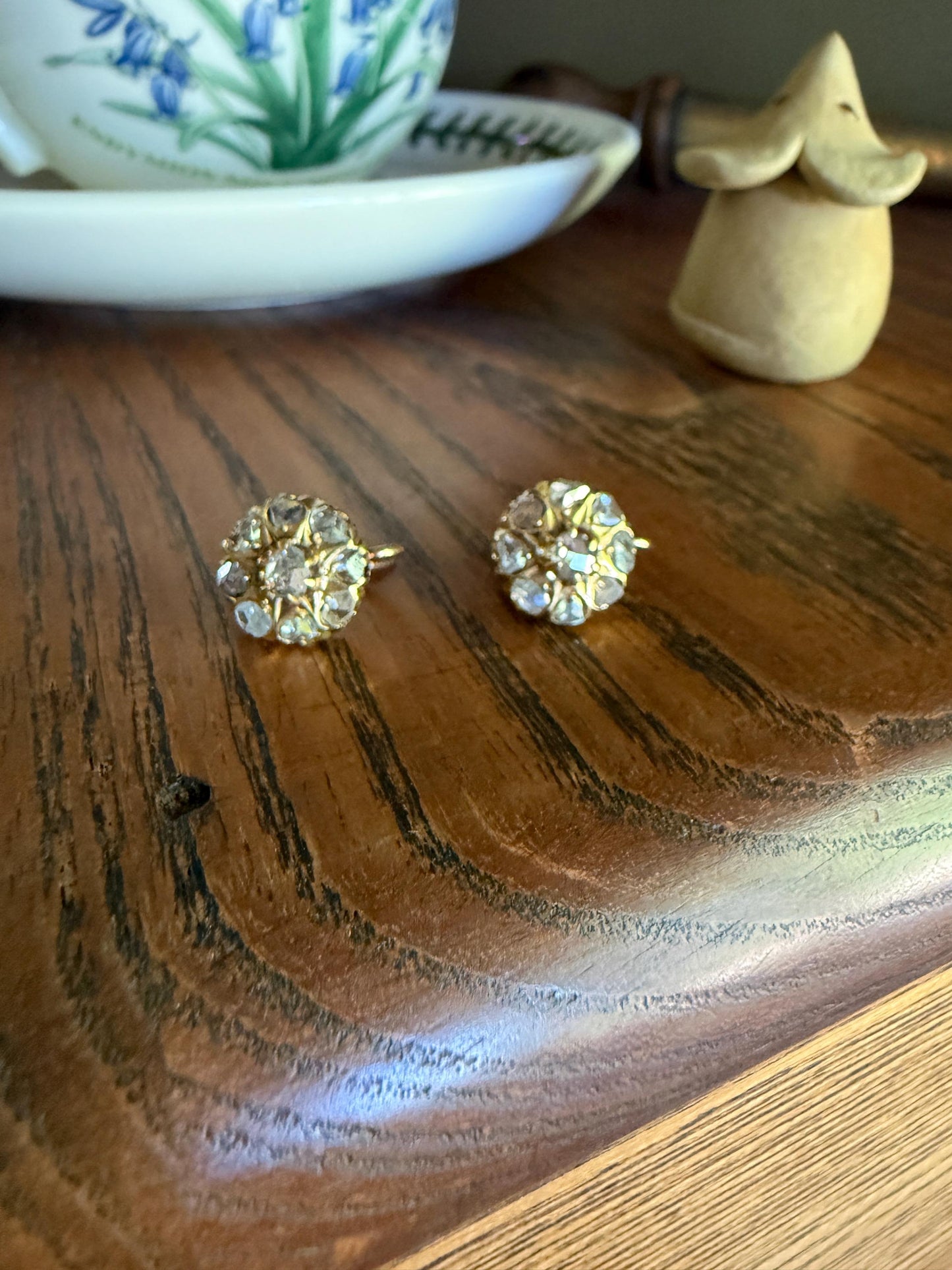 Victorian ANTIQUE Starburst Rose Cut Diamond Daisy Cluster Dormeuse Earrings French 18k Gold Solid Floral Dangle Belle Epoque