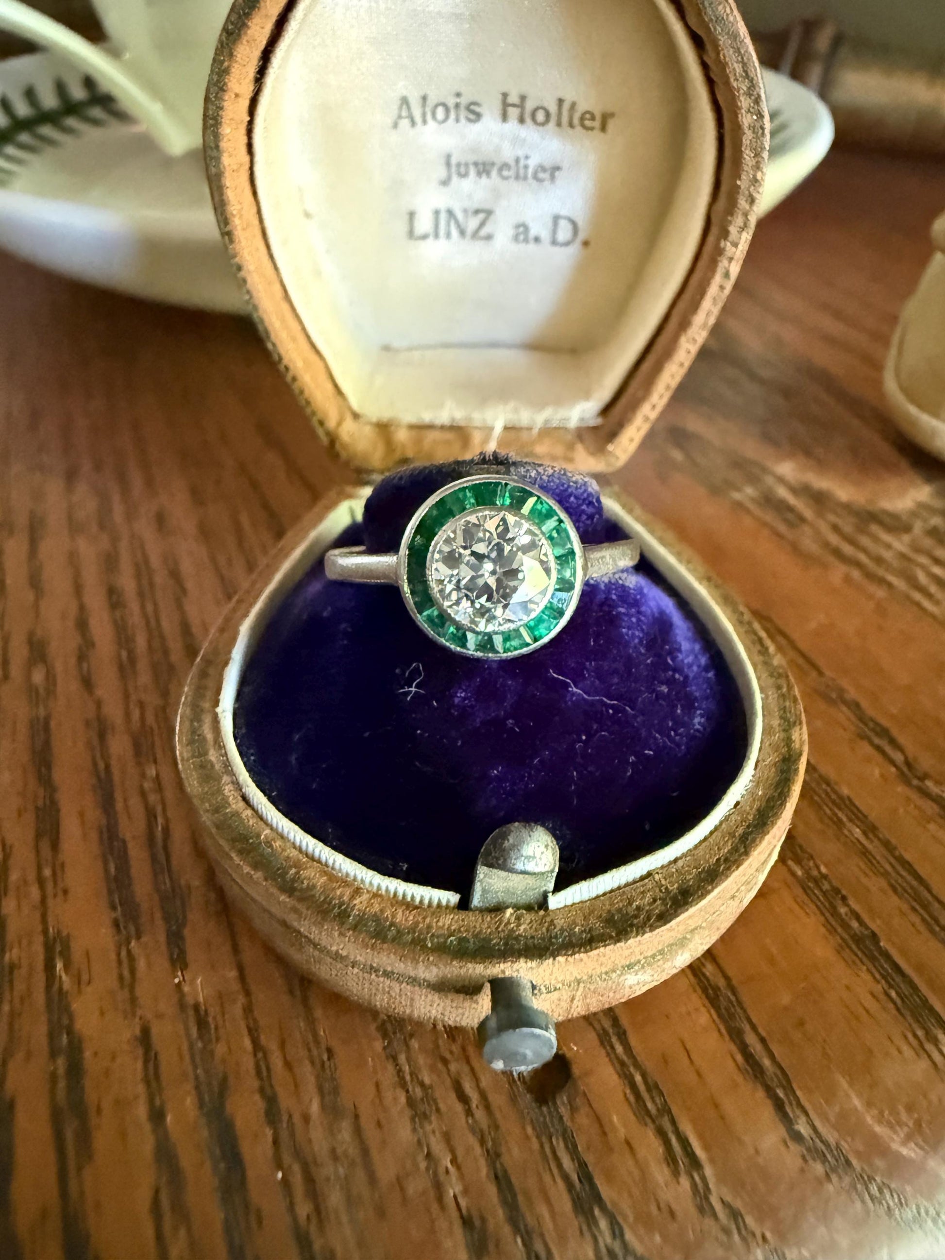 Antique 1.1 Carat Old European Cut DIAMOND Emerald Halo PLATINUM French Antique Green Target Bullseye Ring Stacker
