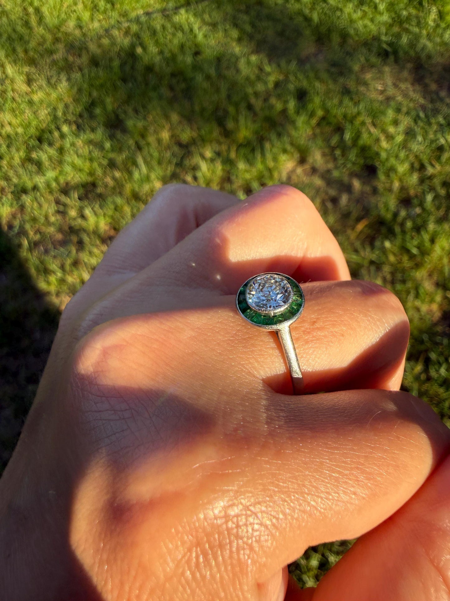 Antique 1.1 Carat Old European Cut DIAMOND Emerald Halo PLATINUM French Antique Green Target Bullseye Ring Stacker