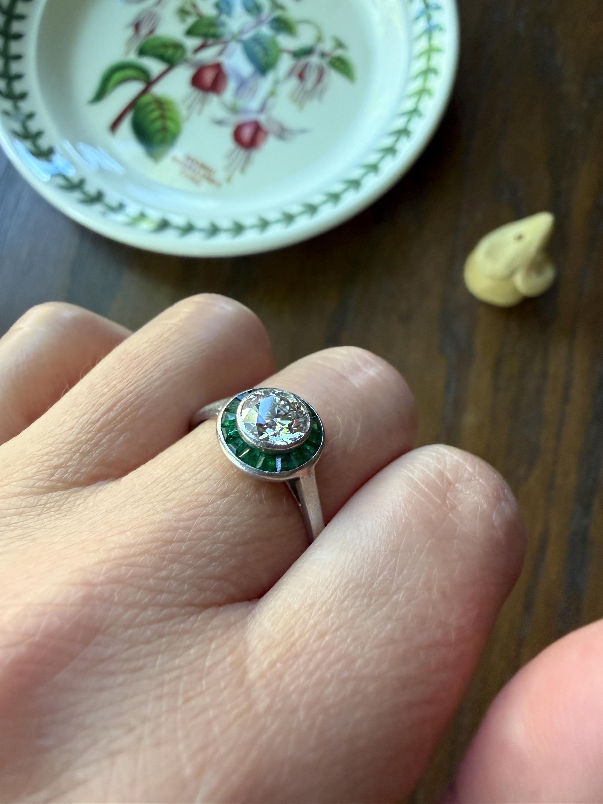 Antique 1.1 Carat Old European Cut DIAMOND Emerald Halo PLATINUM French Antique Green Target Bullseye Ring Stacker