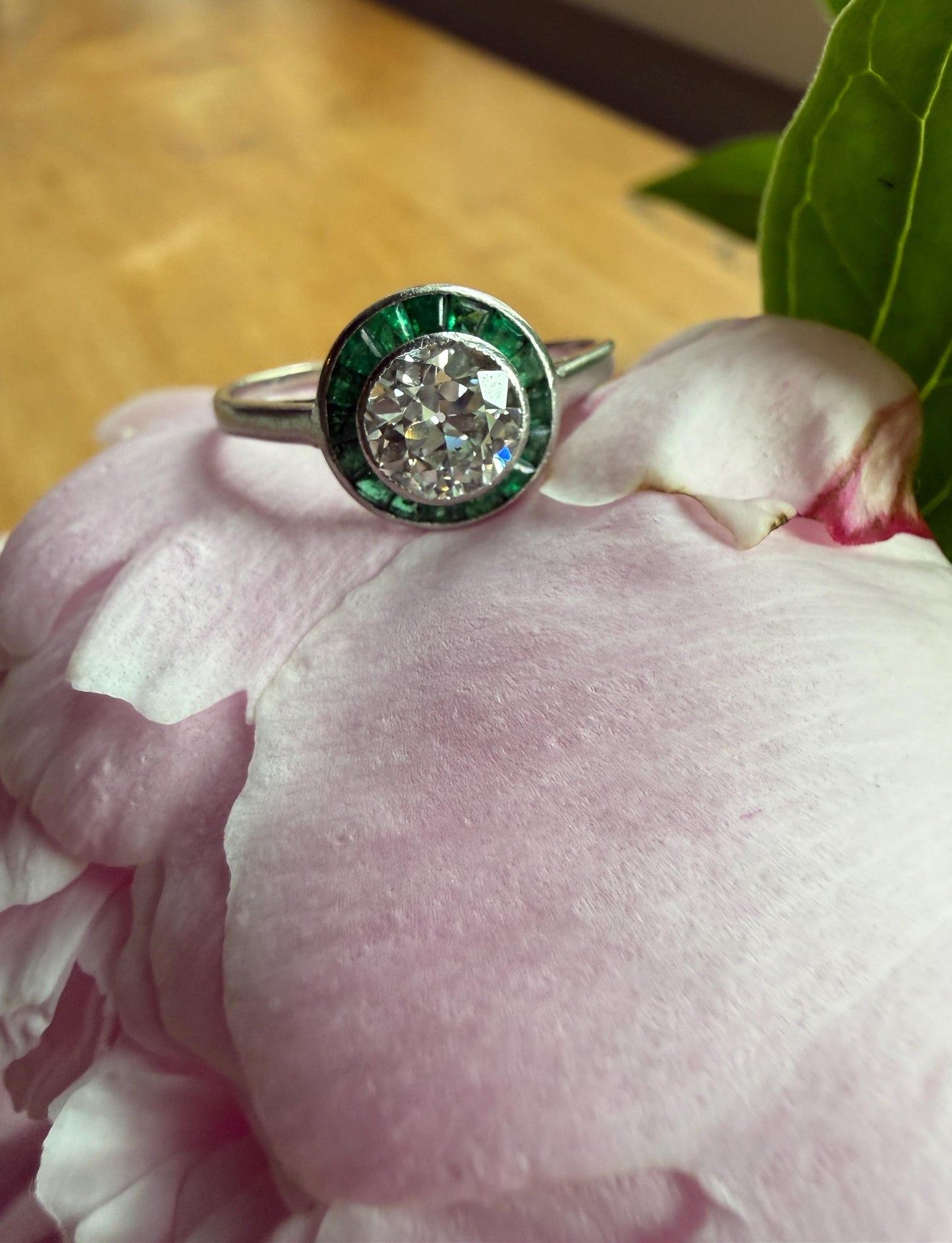 Antique 1.1 Carat Old European Cut DIAMOND Emerald Halo PLATINUM French Antique Green Target Bullseye Ring Stacker