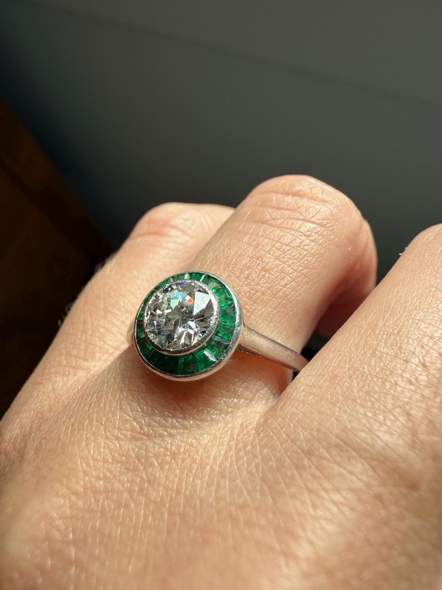 Antique 1.1 Carat Old European Cut DIAMOND Emerald Halo PLATINUM French Antique Green Target Bullseye Ring Stacker