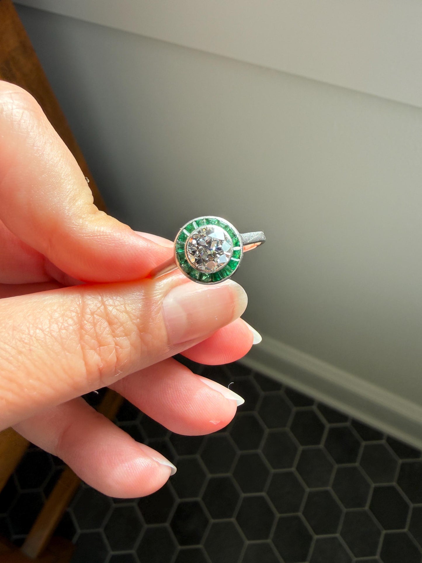 Antique 1.1 Carat Old European Cut DIAMOND Emerald Halo PLATINUM French Antique Green Target Bullseye Ring Stacker