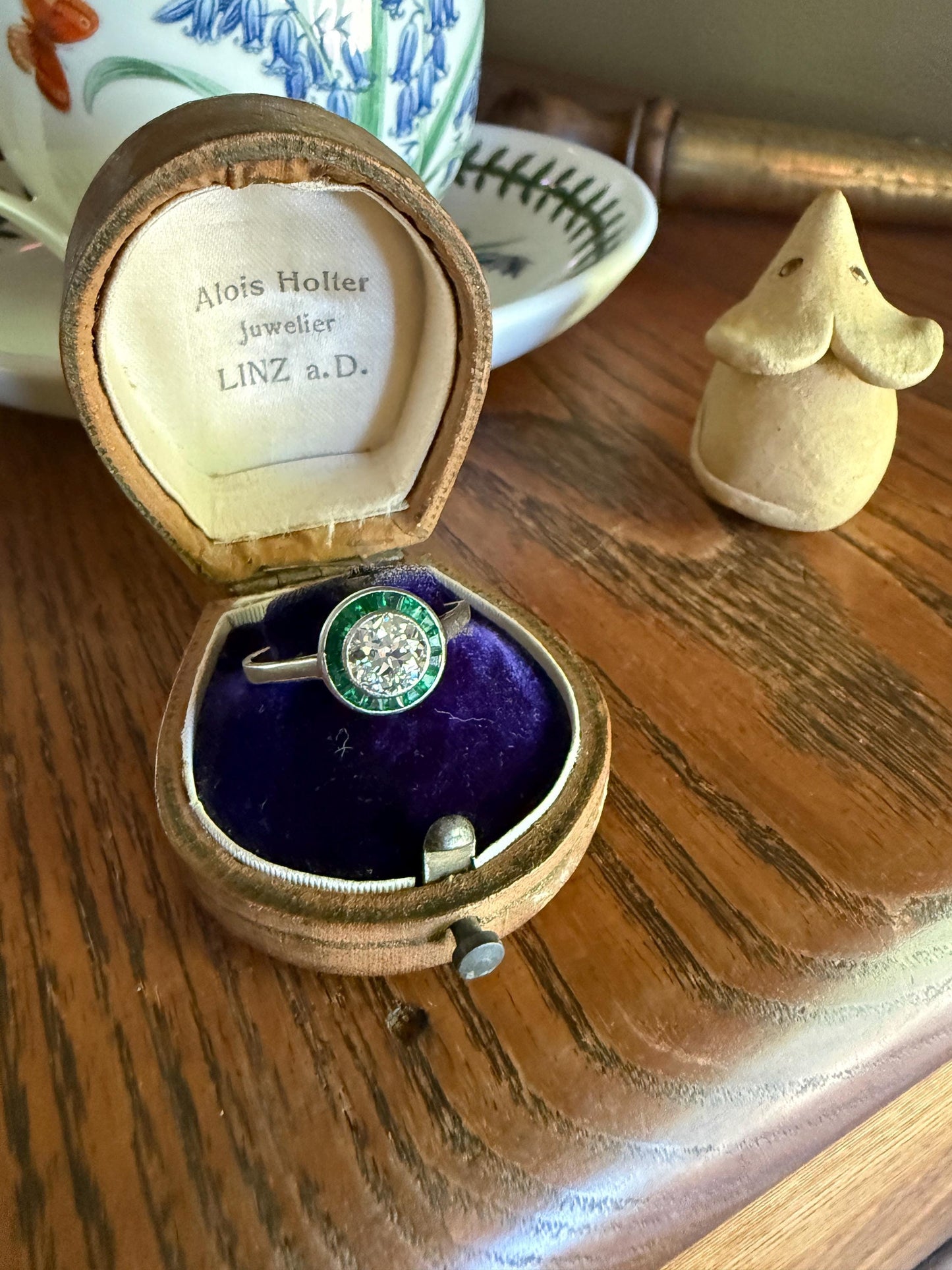 Antique 1.1 Carat Old European Cut DIAMOND Emerald Halo PLATINUM French Antique Green Target Bullseye Ring Stacker