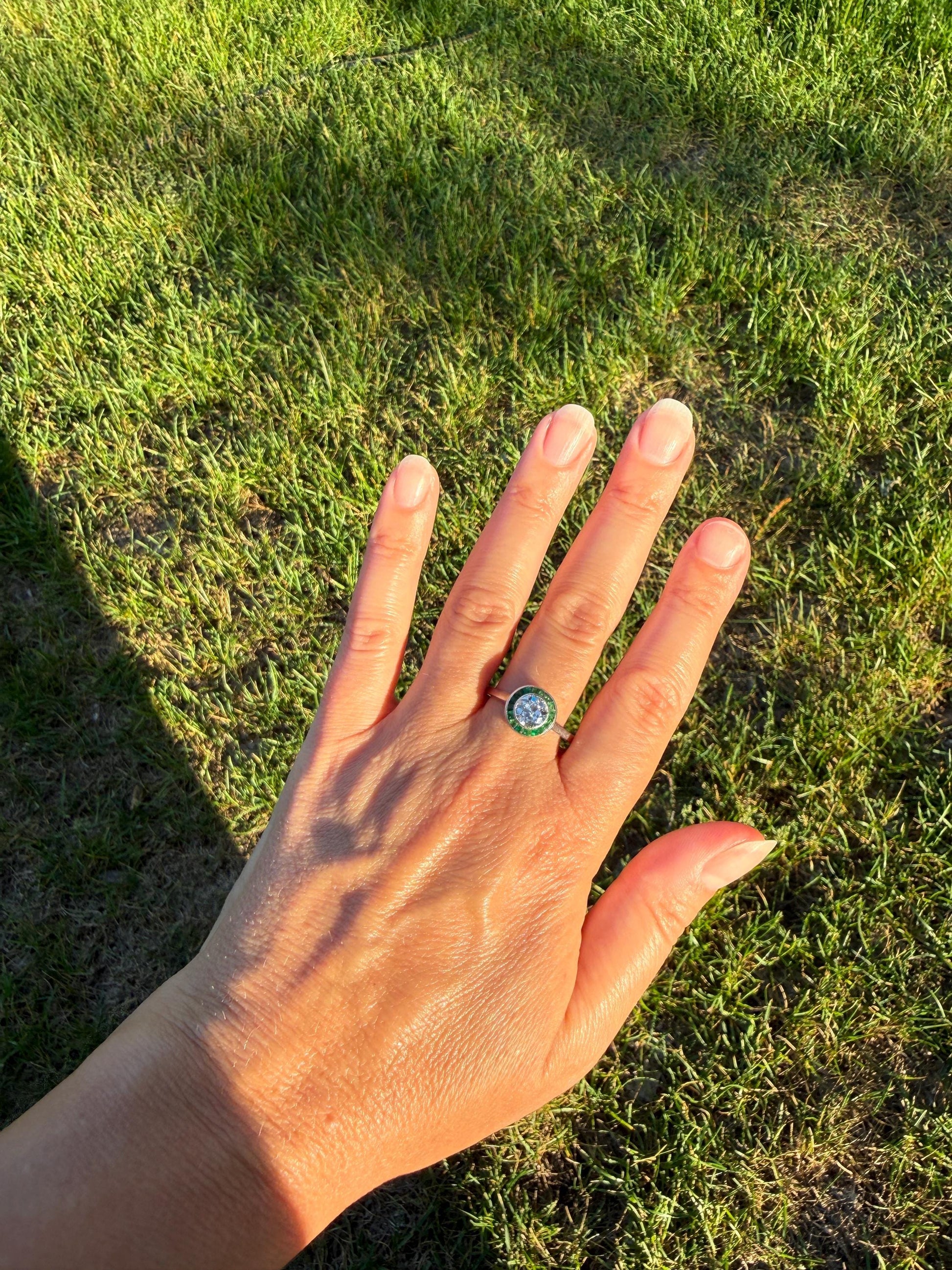 Antique 1.1 Carat Old European Cut DIAMOND Emerald Halo PLATINUM French Antique Green Target Bullseye Ring Stacker
