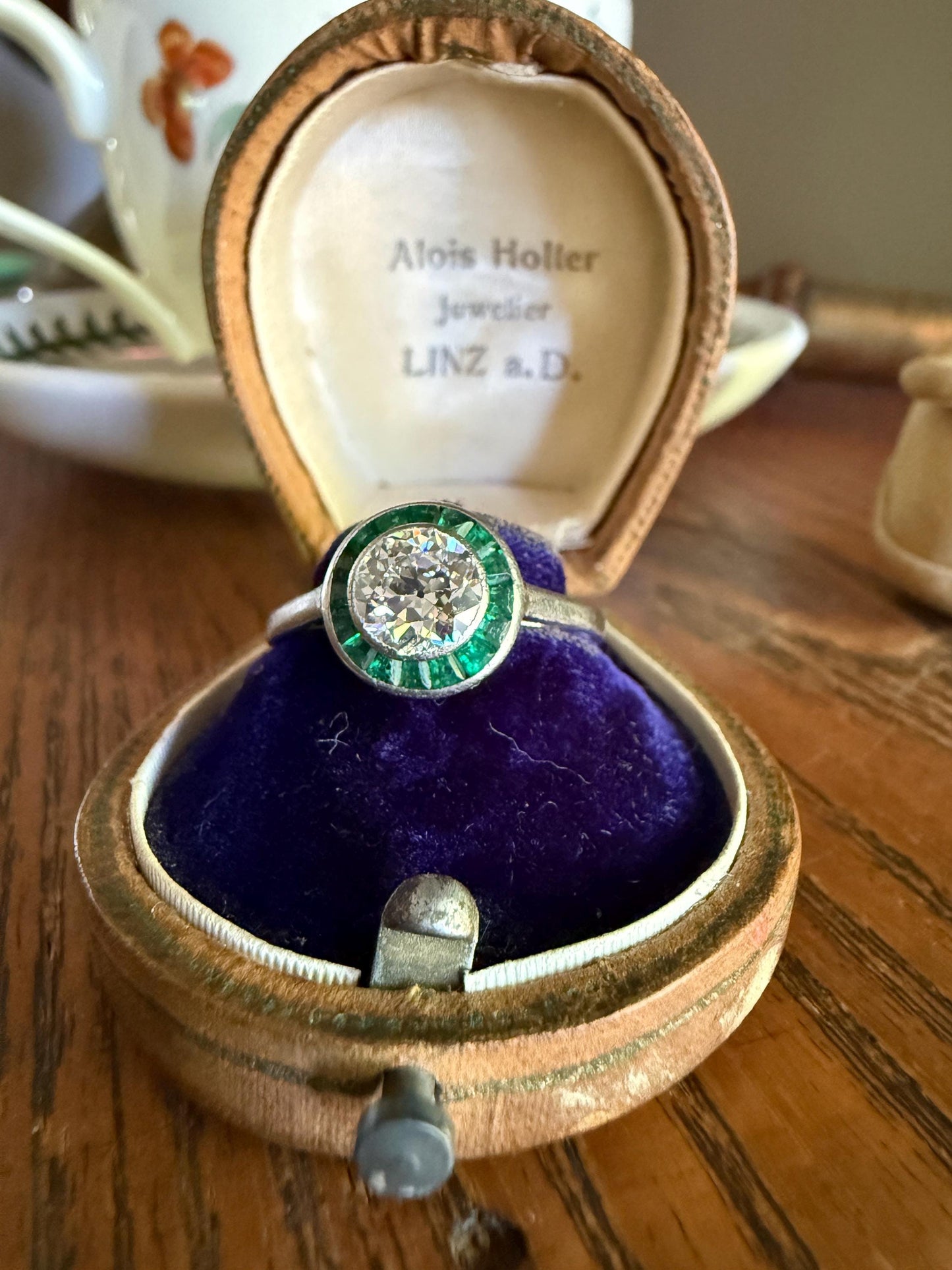 Antique 1.1 Carat Old European Cut DIAMOND Emerald Halo PLATINUM French Antique Green Target Bullseye Ring Stacker