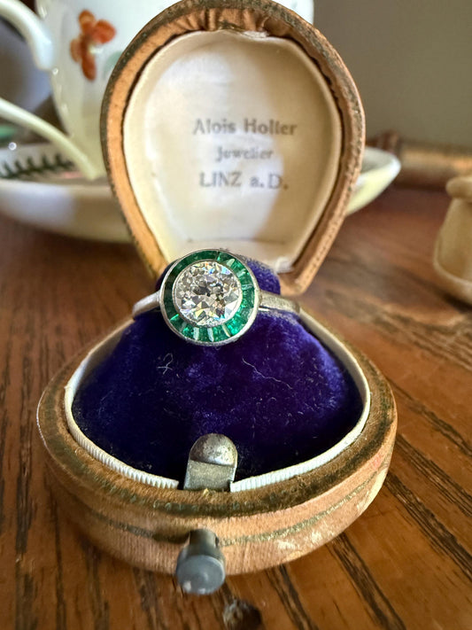 Antique 1.1 Carat Old European Cut DIAMOND Emerald Halo PLATINUM French Antique Green Target Bullseye Ring Stacker