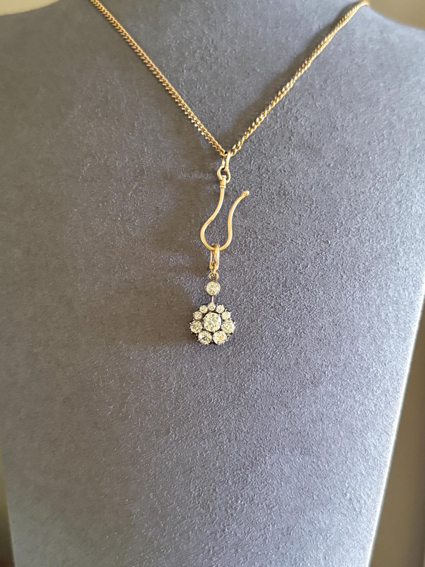 Gorgeous Antique 2.25 Carat Old Mine Cut DIAMOND Daisy Cluster PENDANT 18k Gold Circle Halo Clasping Bale 2.25Ctw