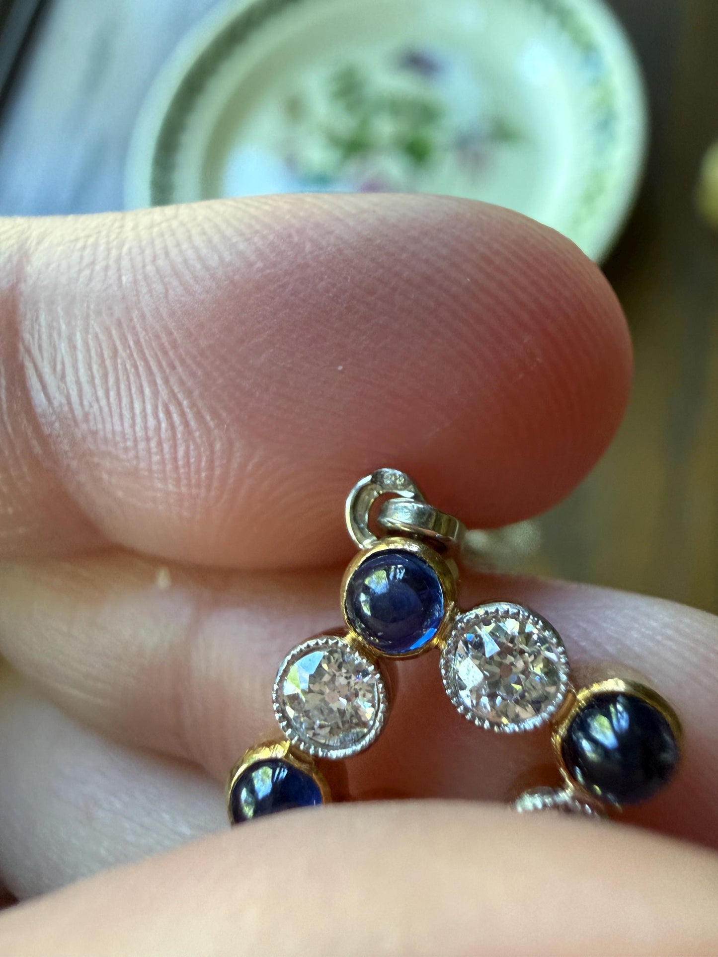 Antique Natural Sapphire .8 Carat Old Mine Cut DIAMOND Pendant on Chain Necklace French Art Deco 18k Gold Platinum Geometric Glowing Blue